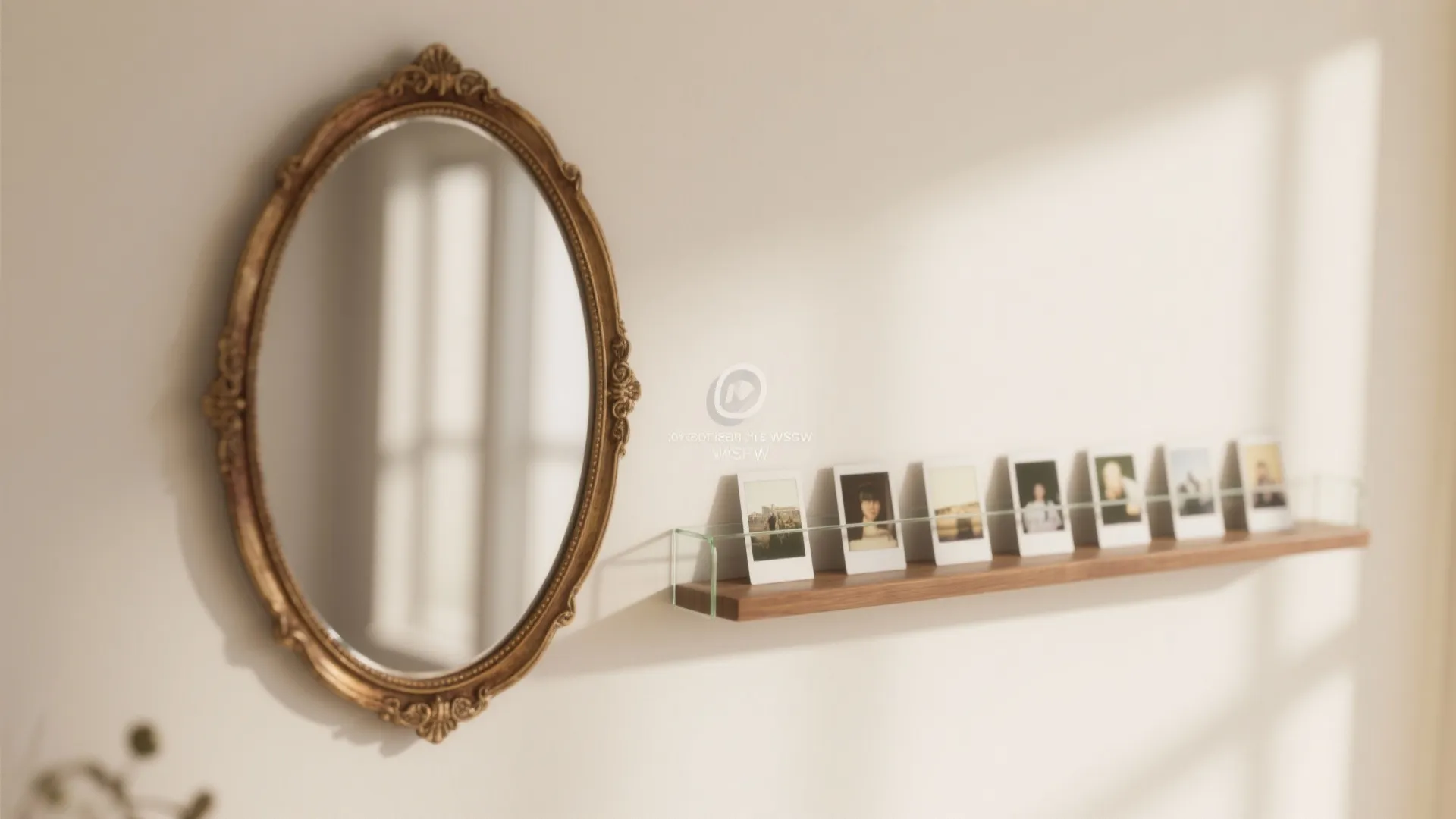 Oval gold wall mirror hanging next to a wooden shelf holding several small square photos
