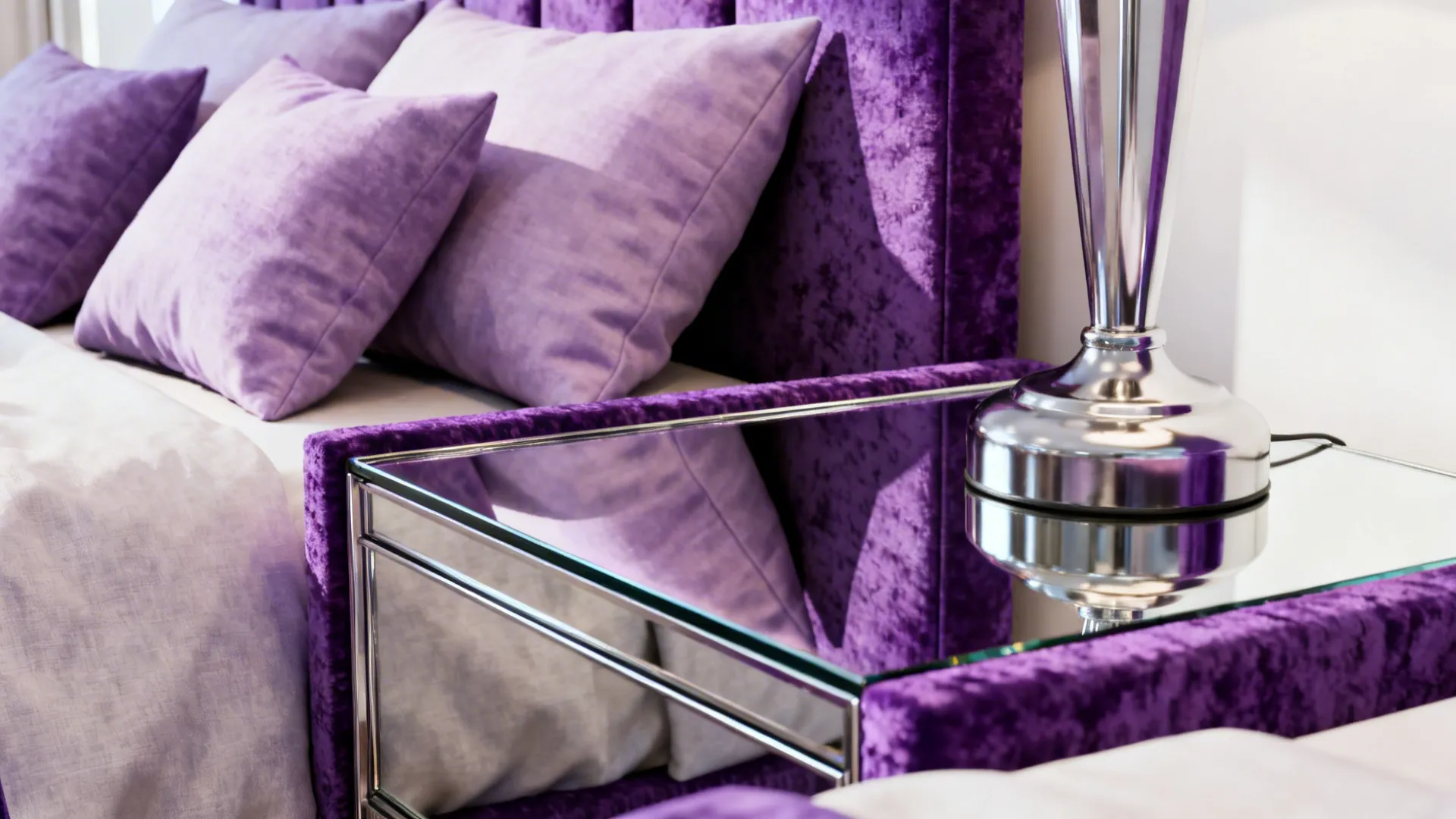 Close-up of a mirrored nightstand reflecting purple pillows and a lamp
