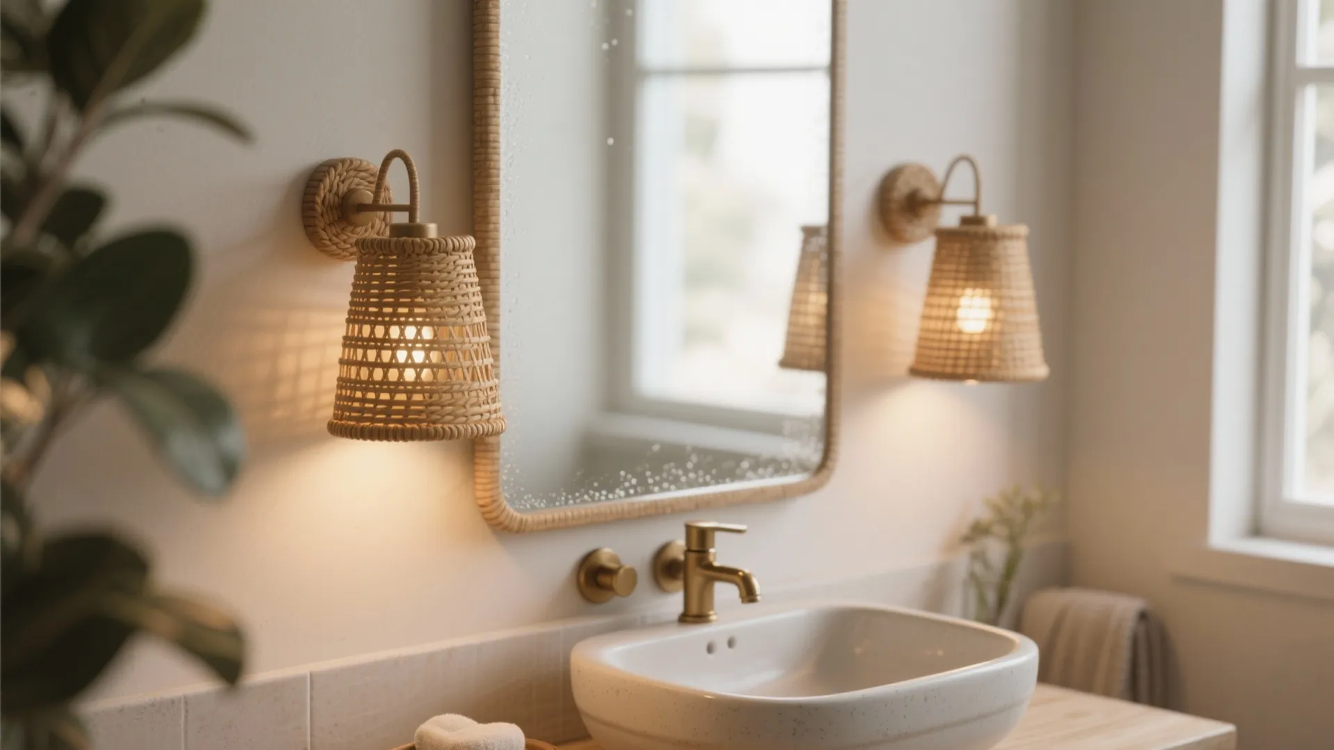 Close-up of rattan sconces flanking a bathroom mirror with sealed weave.