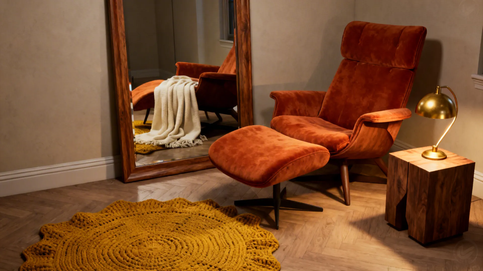 Cozy reading nook with an armchair and a medium floor mirror reflecting the seating area