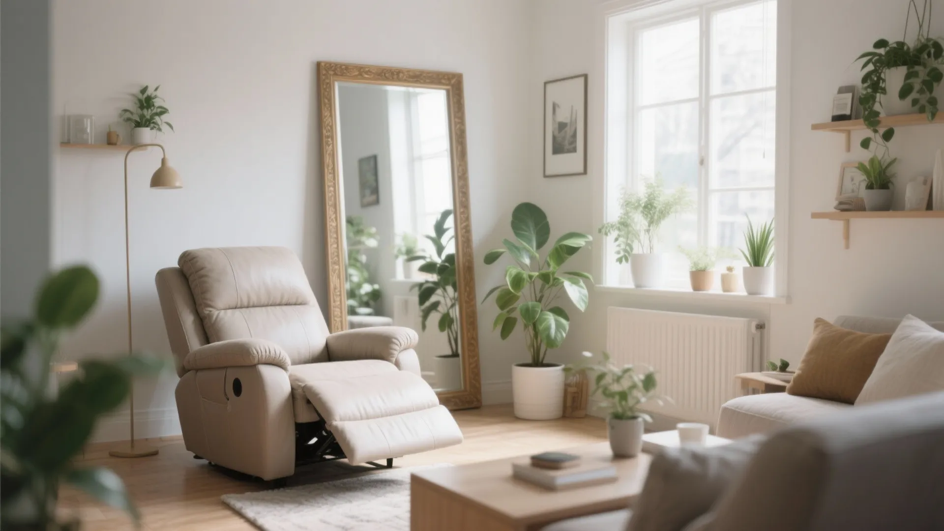Recliner beside large mirror to visually expand space
