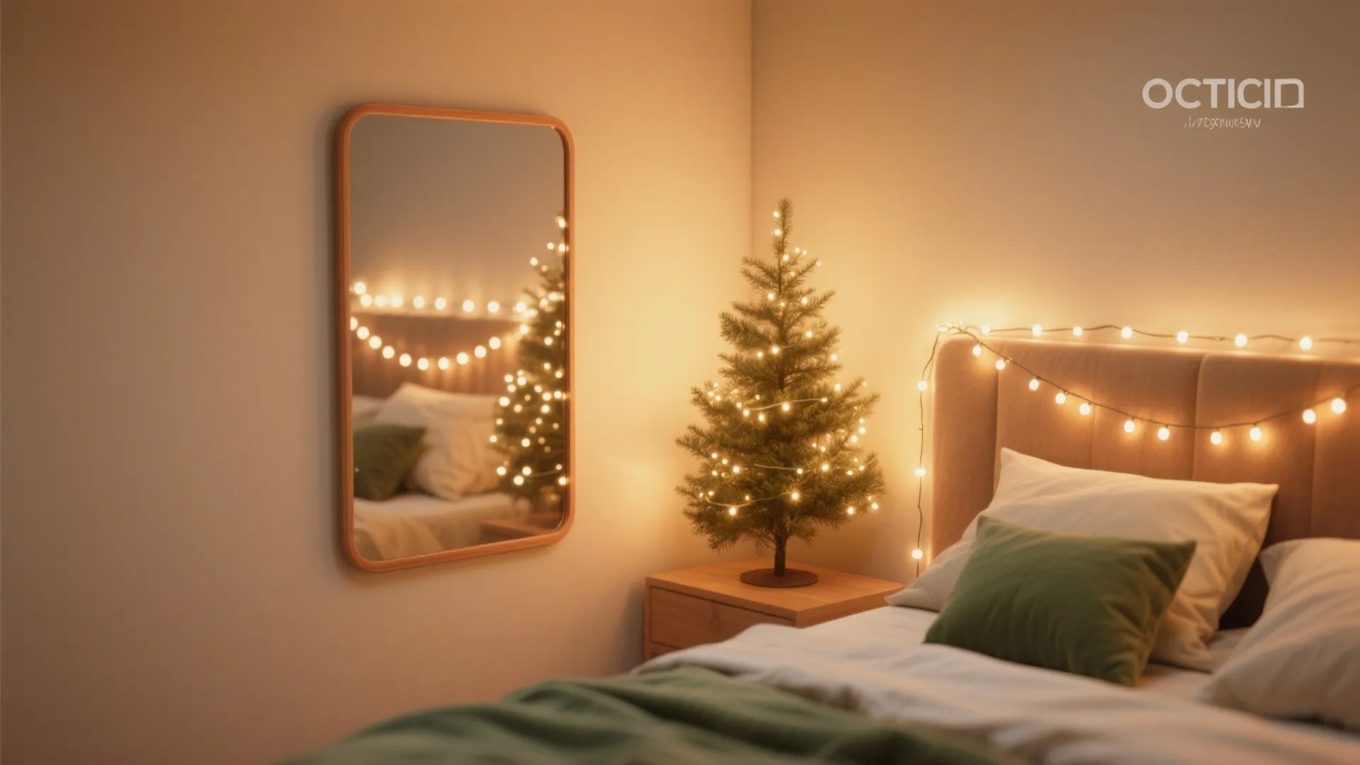 Small lighted Christmas tree on wooden nightstand beside bed with string lights and wall mirror