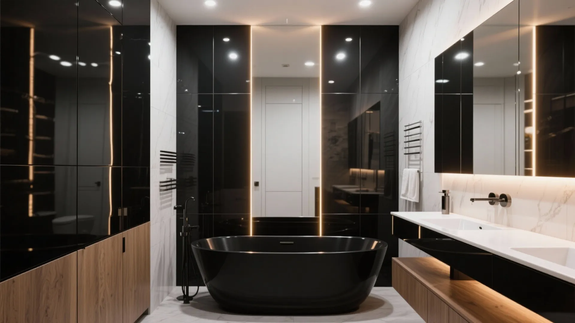 Modern black bathtub in luxury bathroom with marble walls wood cabinets and large lighted mirrors