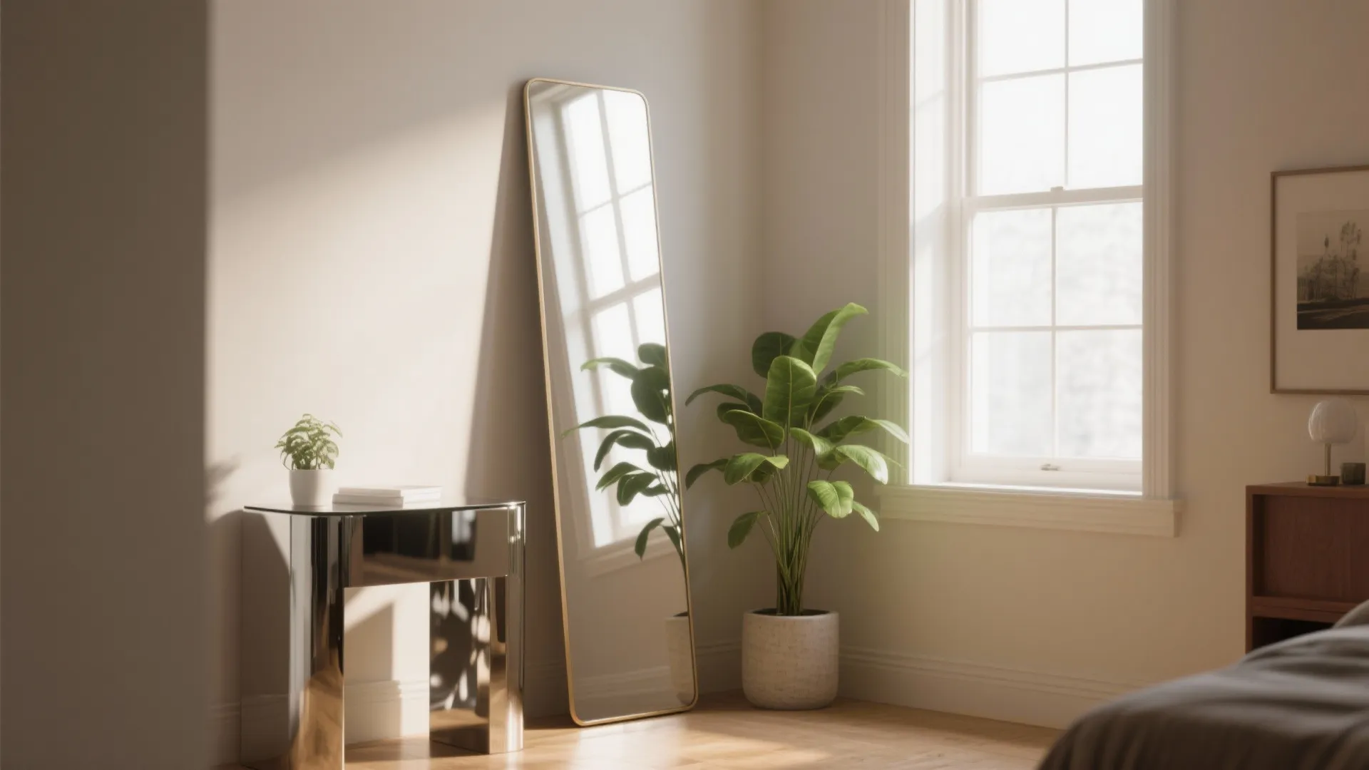 Full length mirror leaning against a white wall next to a green plant and window