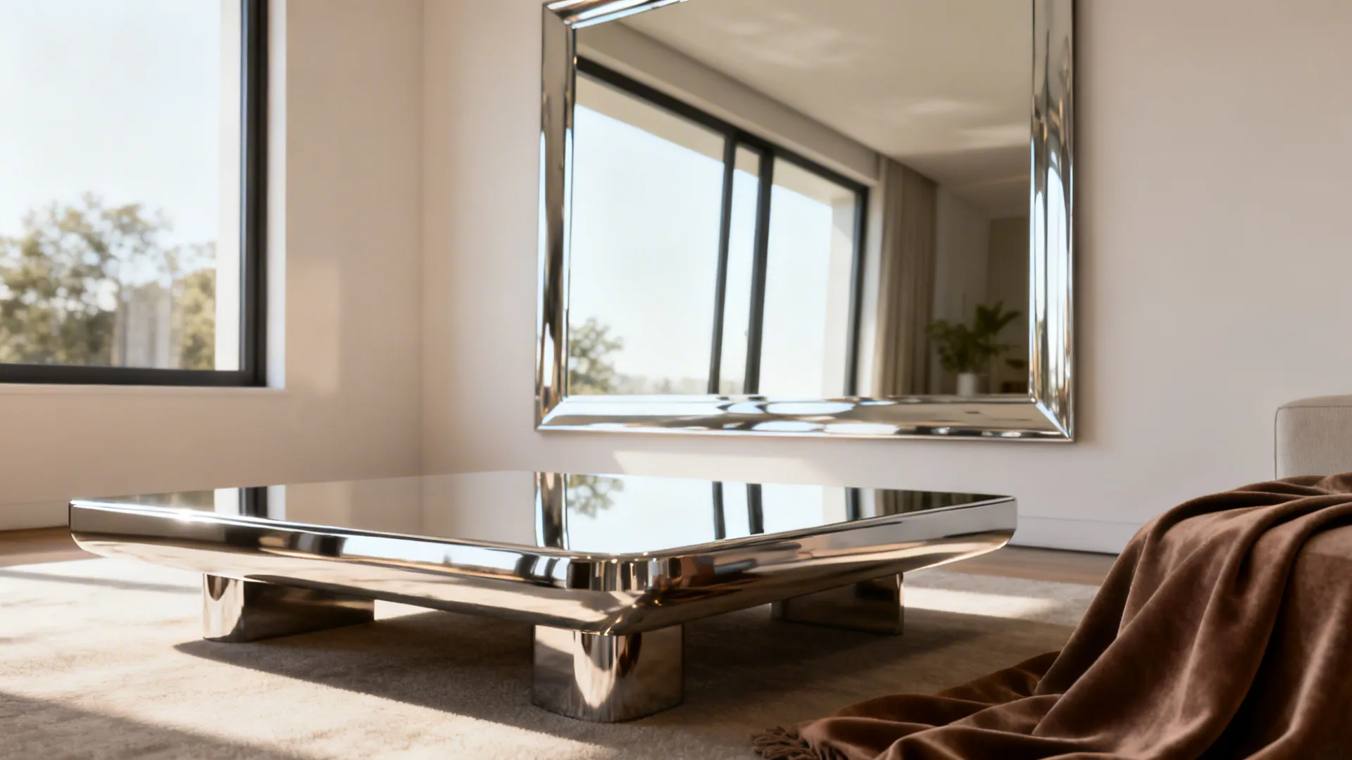 Large wall mirror and metallic coffee table reflecting daylight to amplify light in a small living room