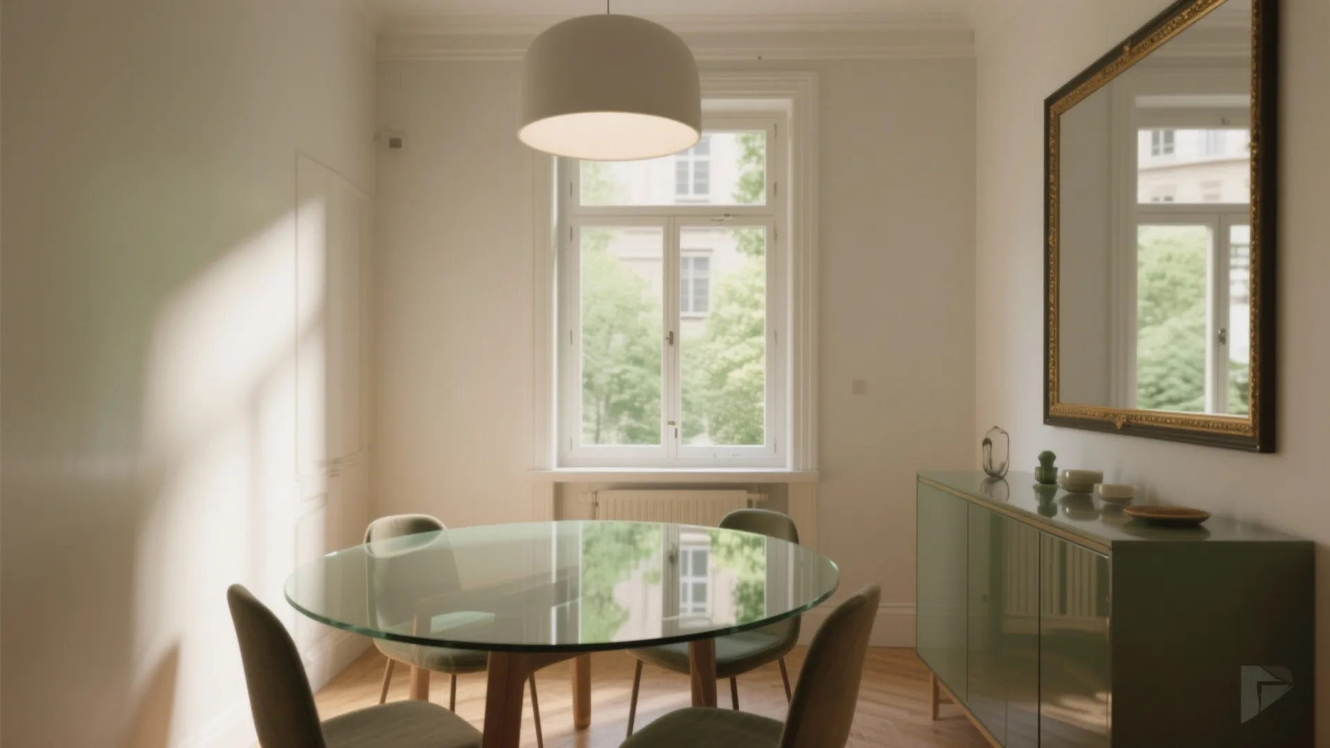 Modern dining room with round glass table, green chairs, green cabinet, mirror, and ceiling light