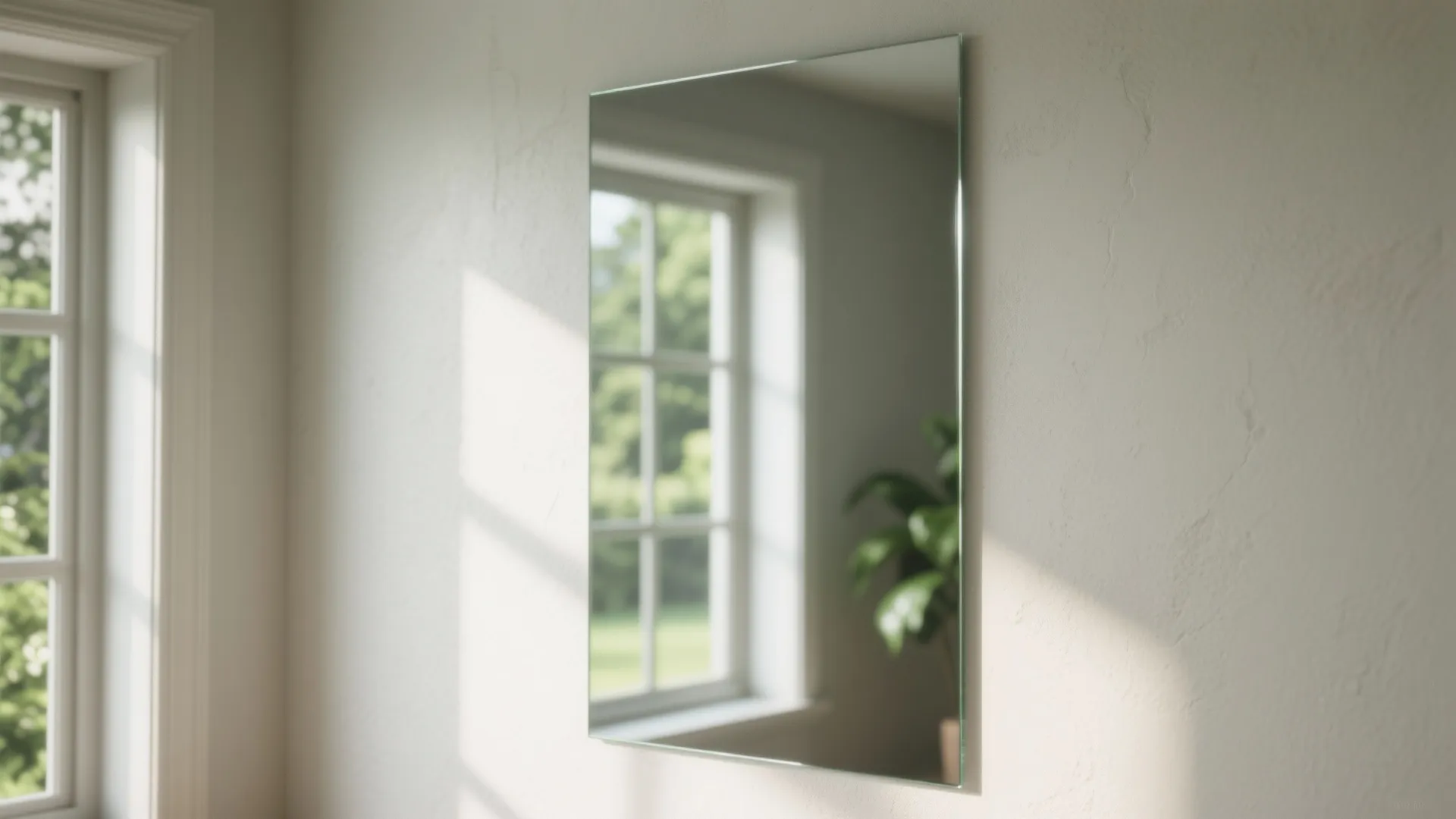 Rectangular mirror on white wall reflecting a window and green plant in bright natural sunlight
