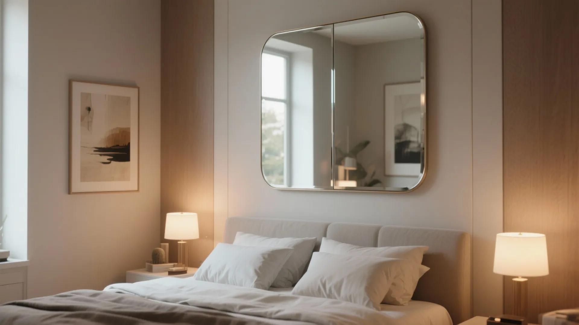 Bed with white pillows and a large rectangular mirror on the wall reflecting a window