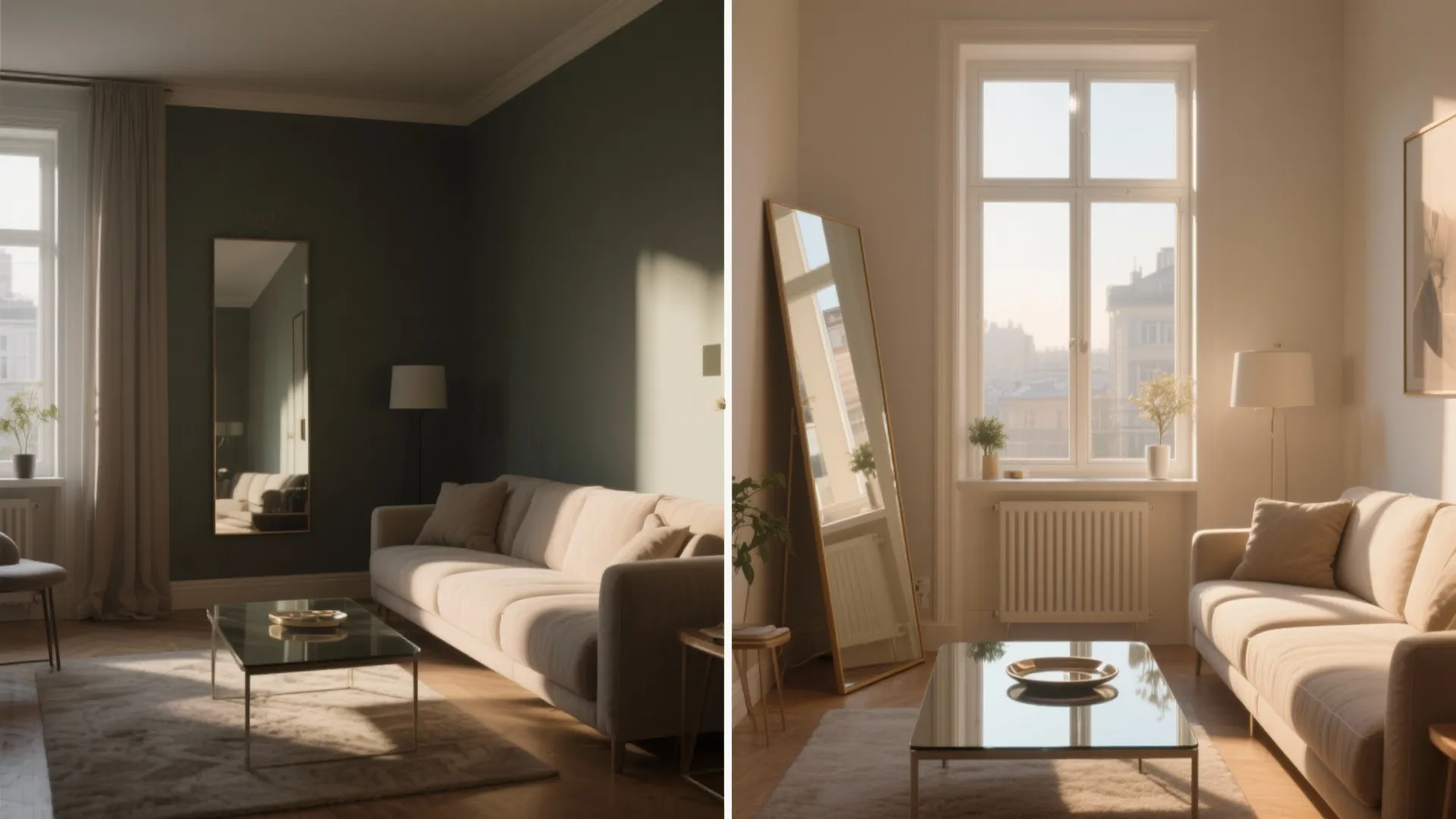 Side by side comparison of a dark green living room versus a light cream room