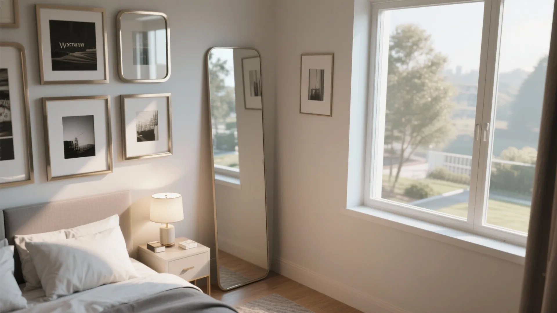 Modern bedroom with wall art gallery and floor mirror reflecting natural light from a window