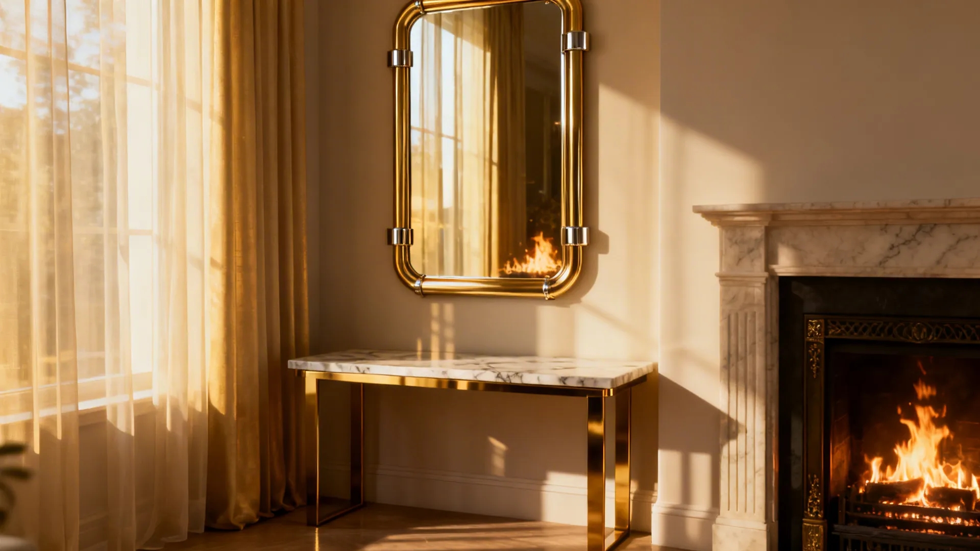 Slim brass mirror opposite a corner fireplace reflecting warm firelight and brightening the room.
