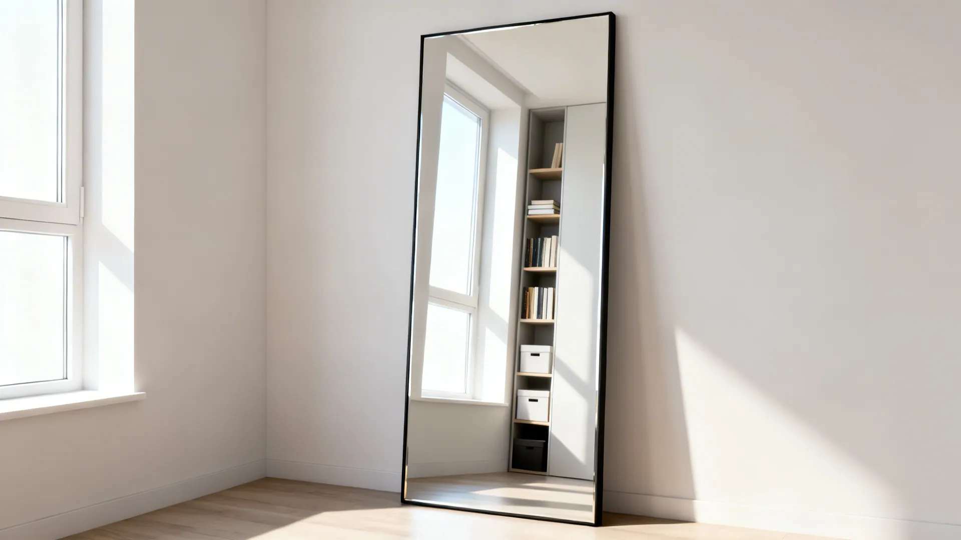 Full-height thin-framed mirror opposite a window reflecting light and shelving, creating visible depth.