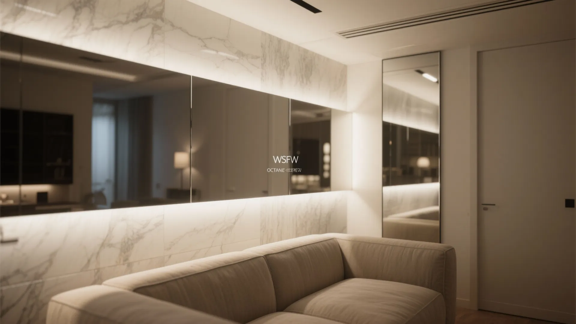 Interior design drawing of a modern living room with marble wall panels and long mirror