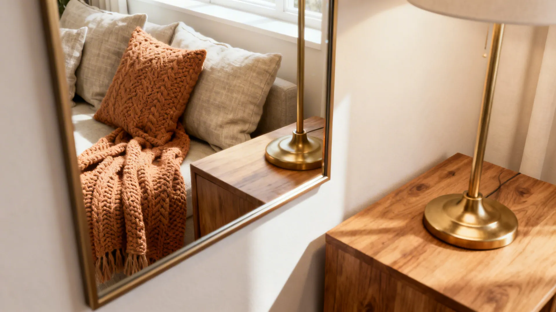 Slim-framed mirror reflecting light into a cozy living room corner.