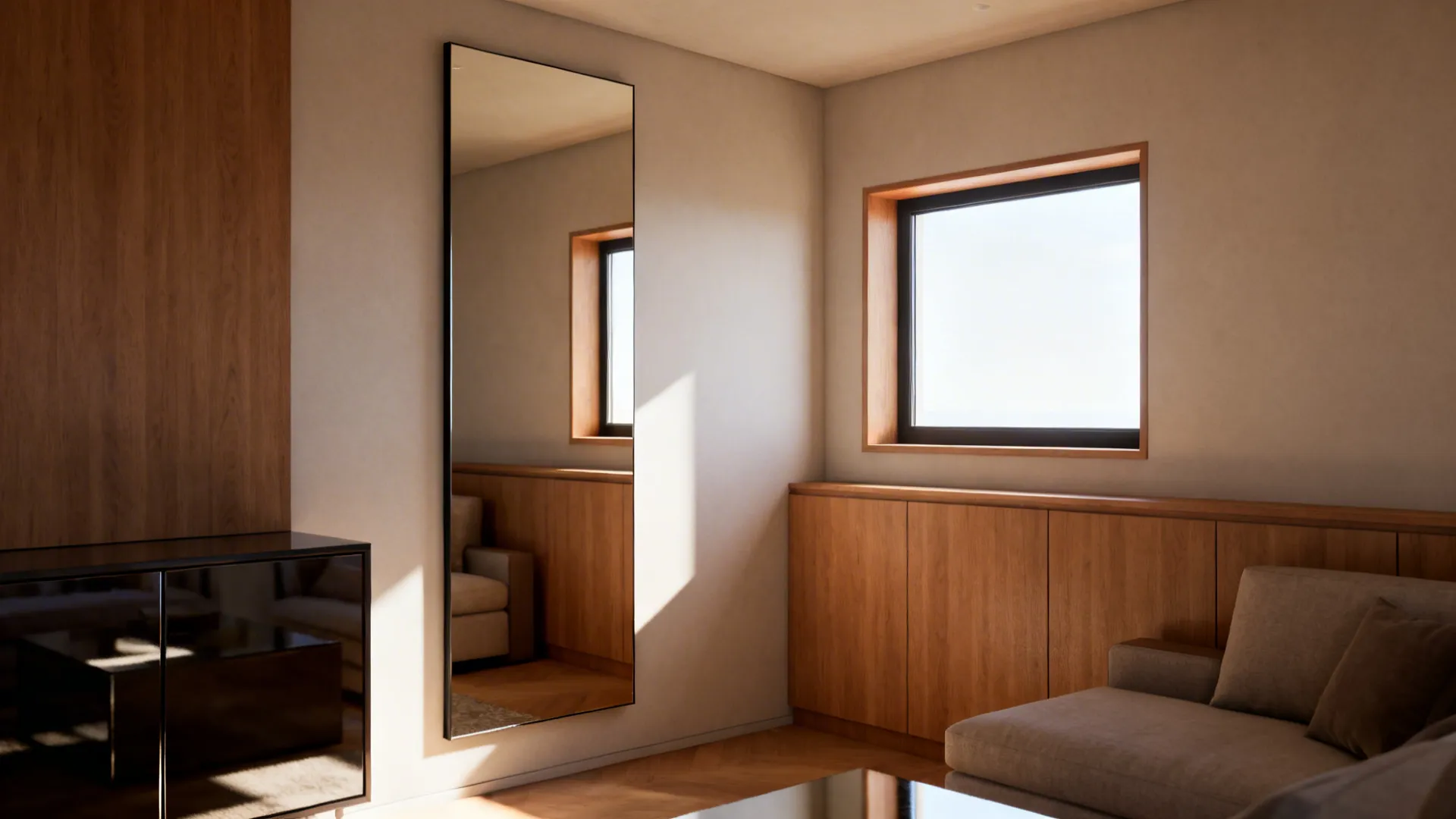 Modern living room with large wall mirror wooden cabinets window sofa and bright warm sunlight