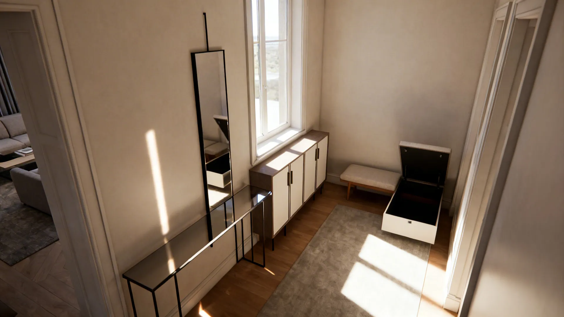 Mirror reflecting window light in a narrow living room with gloss side table and concealed storage bench