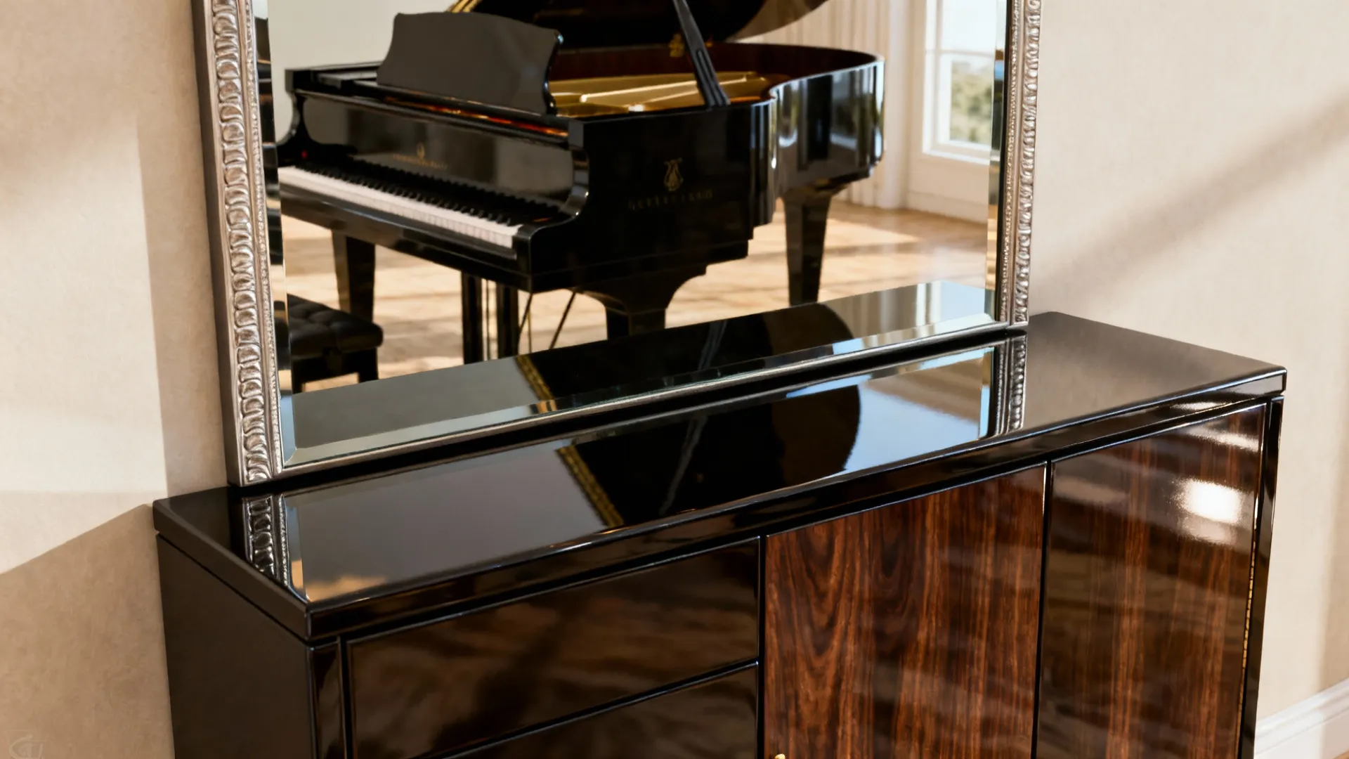 Close-up of a baby grand piano reflected in a slim mirrored console and glossy cabinet.