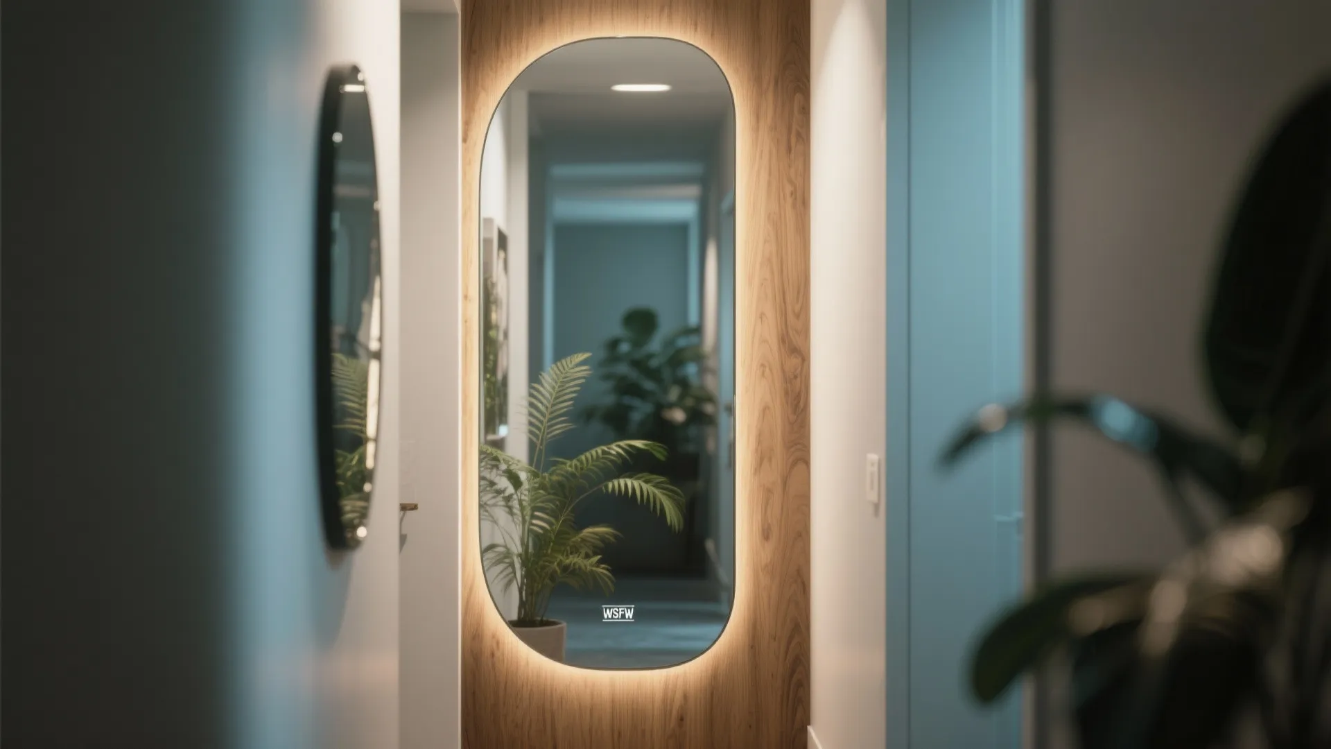 Close-up of a frameless mirror and semi-gloss finish showing light bounce and subtle reflections in a narrow hallway.