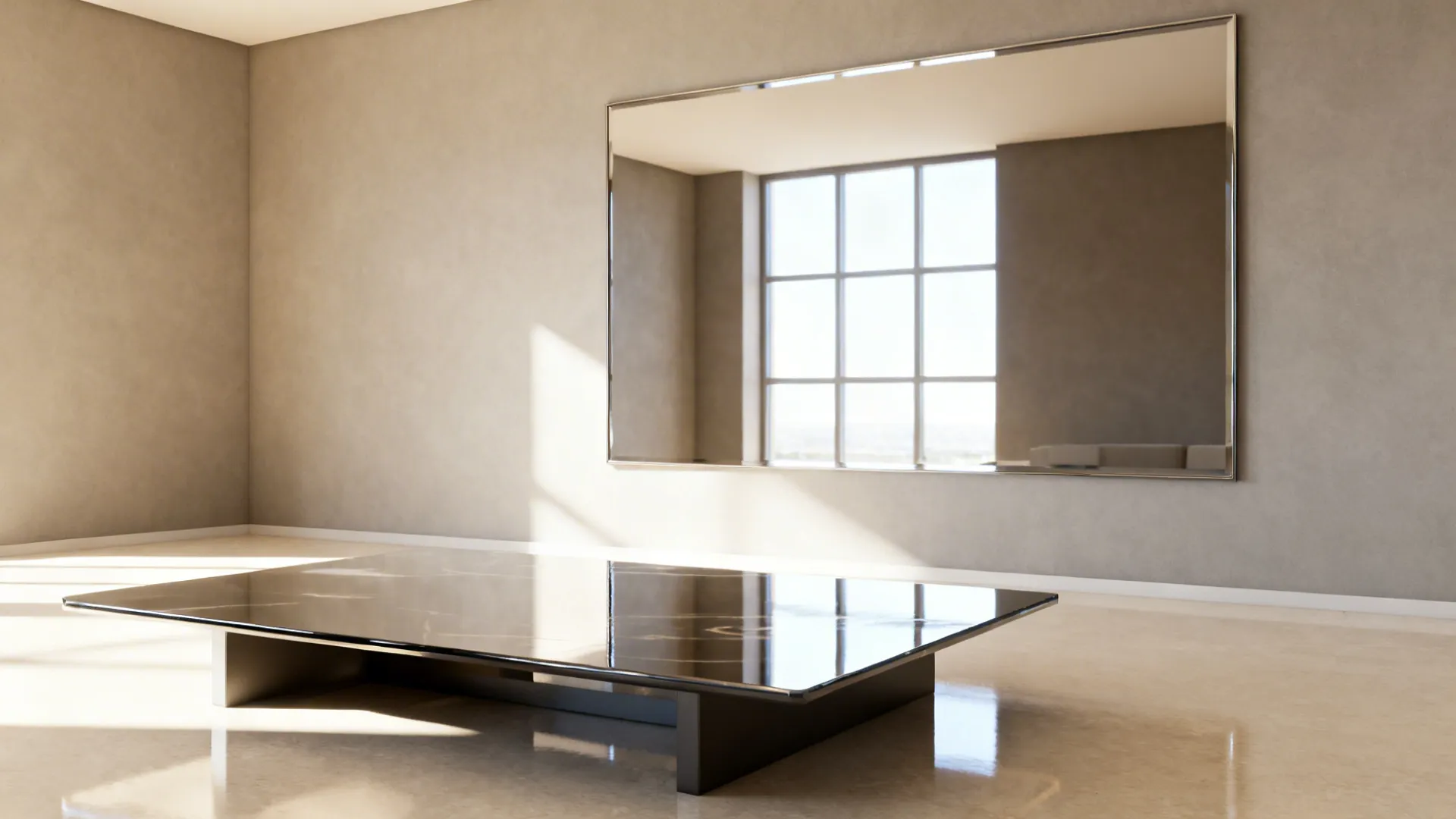 Large mirror and glossy finishes reflecting daylight to visually expand a small living room