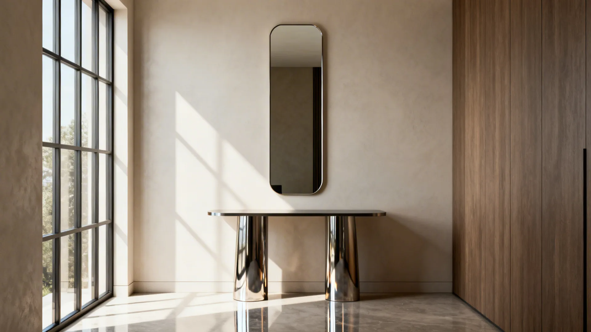 Tall wall mirror hanging above silver metal table in a bright room with large black windows