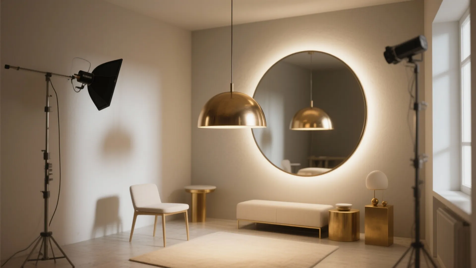 Modern room with round mirror, gold ceiling light, white chair, bench, and photography studio equipment