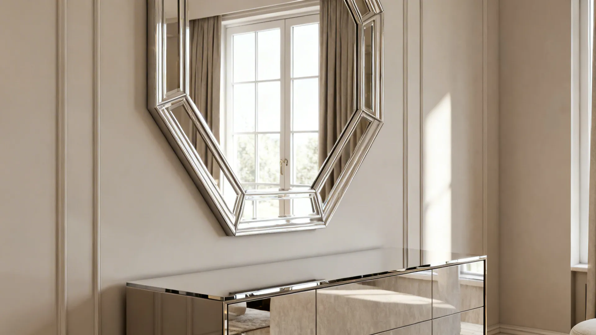 Mirror reflecting window light and a glossy side table brightening a small room.