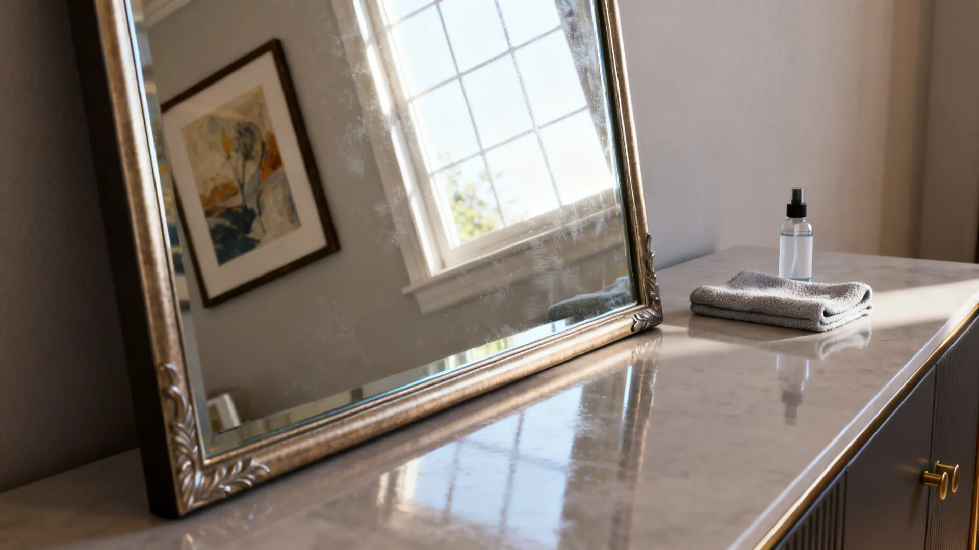 Close-up of a floor mirror reflecting artwork and a window view with clean glass