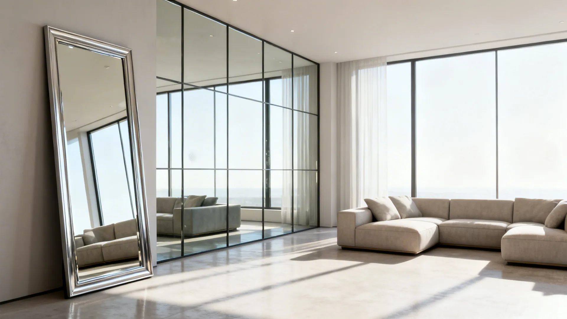 Leaning oversize mirror and mirror panels reflecting light to enlarge a living room visually.