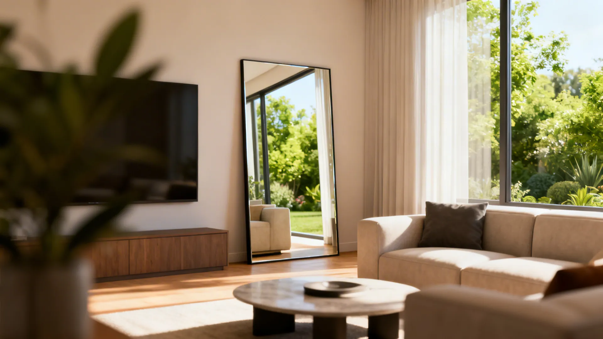 Mirror opposite a window reflecting an attractive view and amplifying natural light in a compact living room