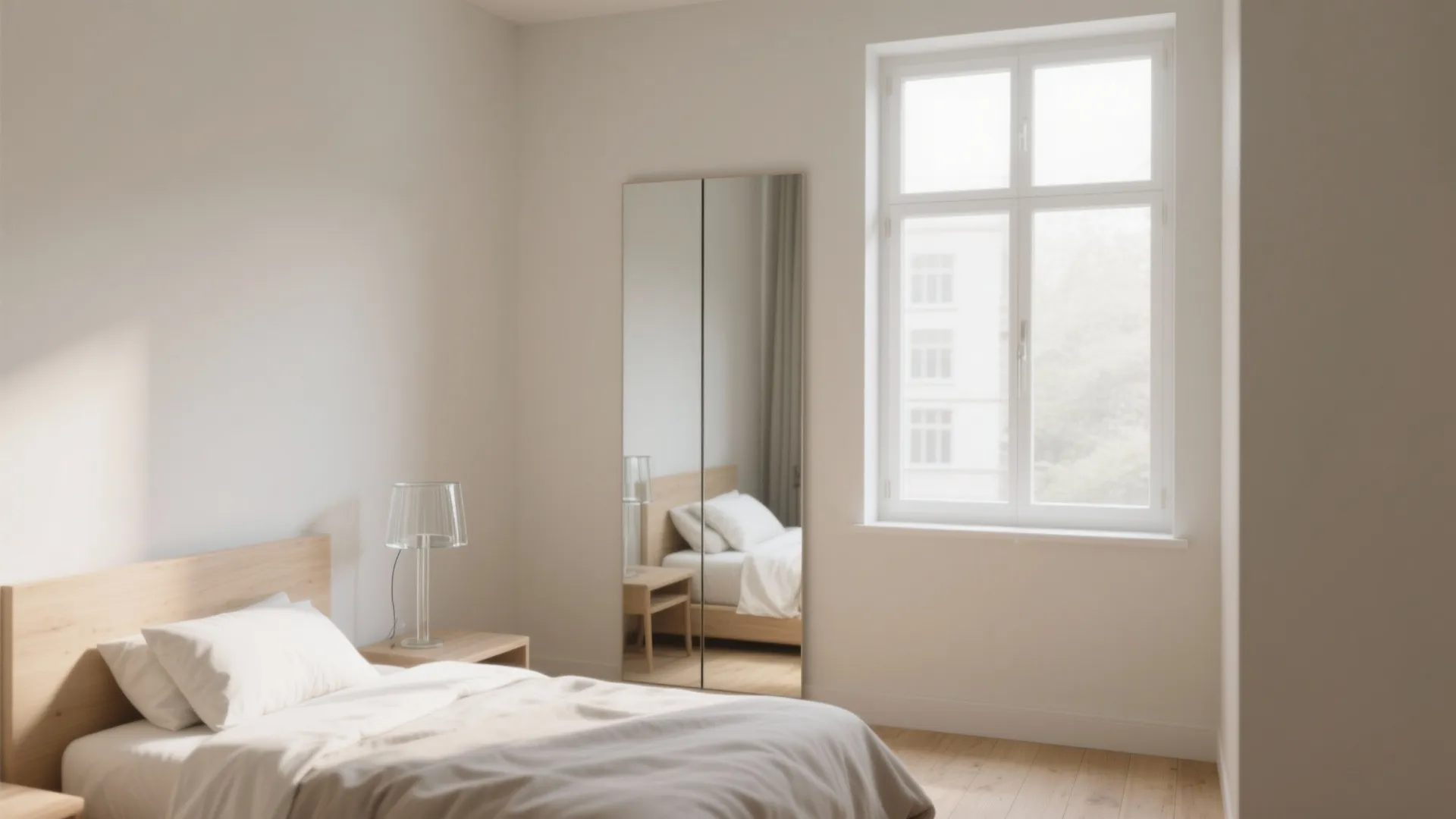 Minimalist white bedroom featuring wooden bed glass table lamp tall floor mirror and bright window