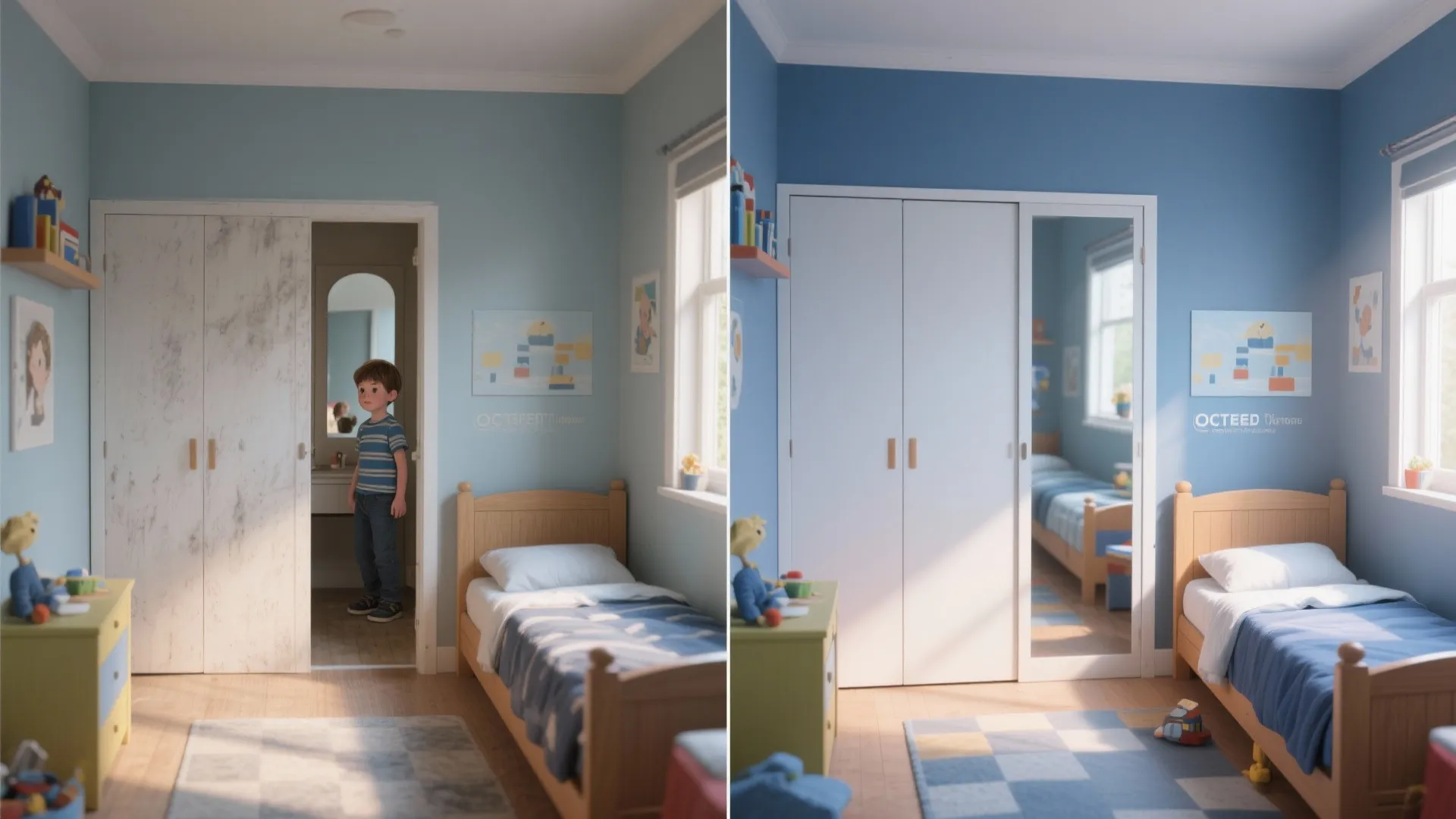 Before and after comparison of a kids bedroom without and with a large wall mirror