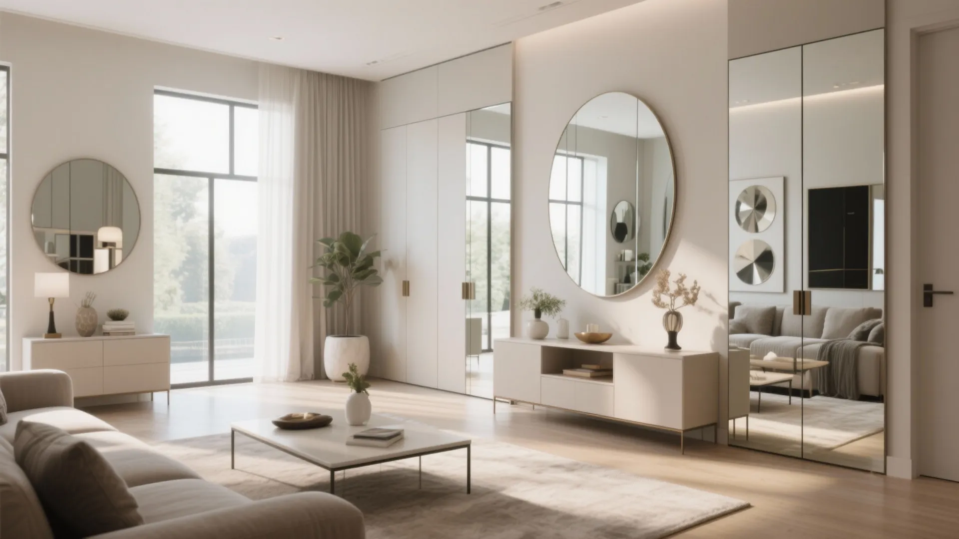 Bright living room with beige sofa white coffee table round wall mirror and large windows