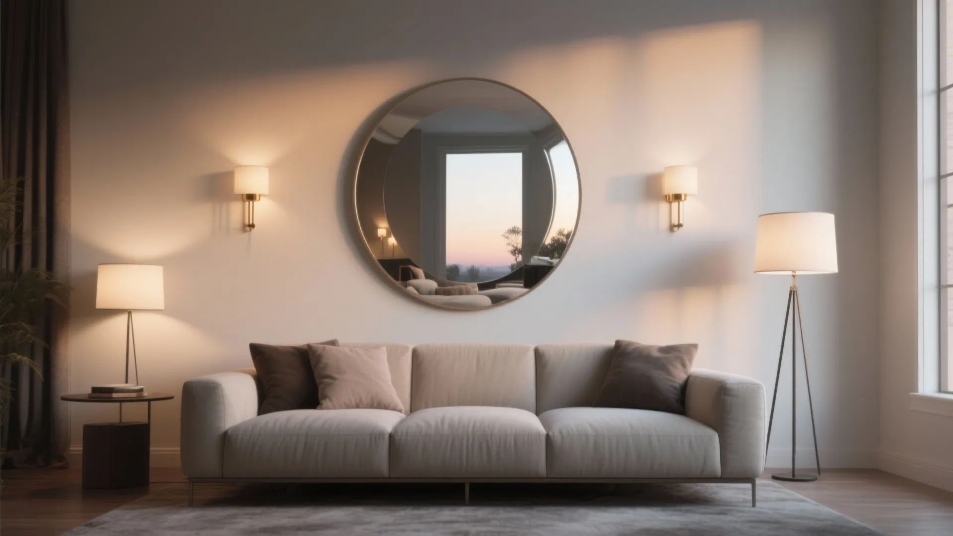 5. Round statement mirror with layered lighting
