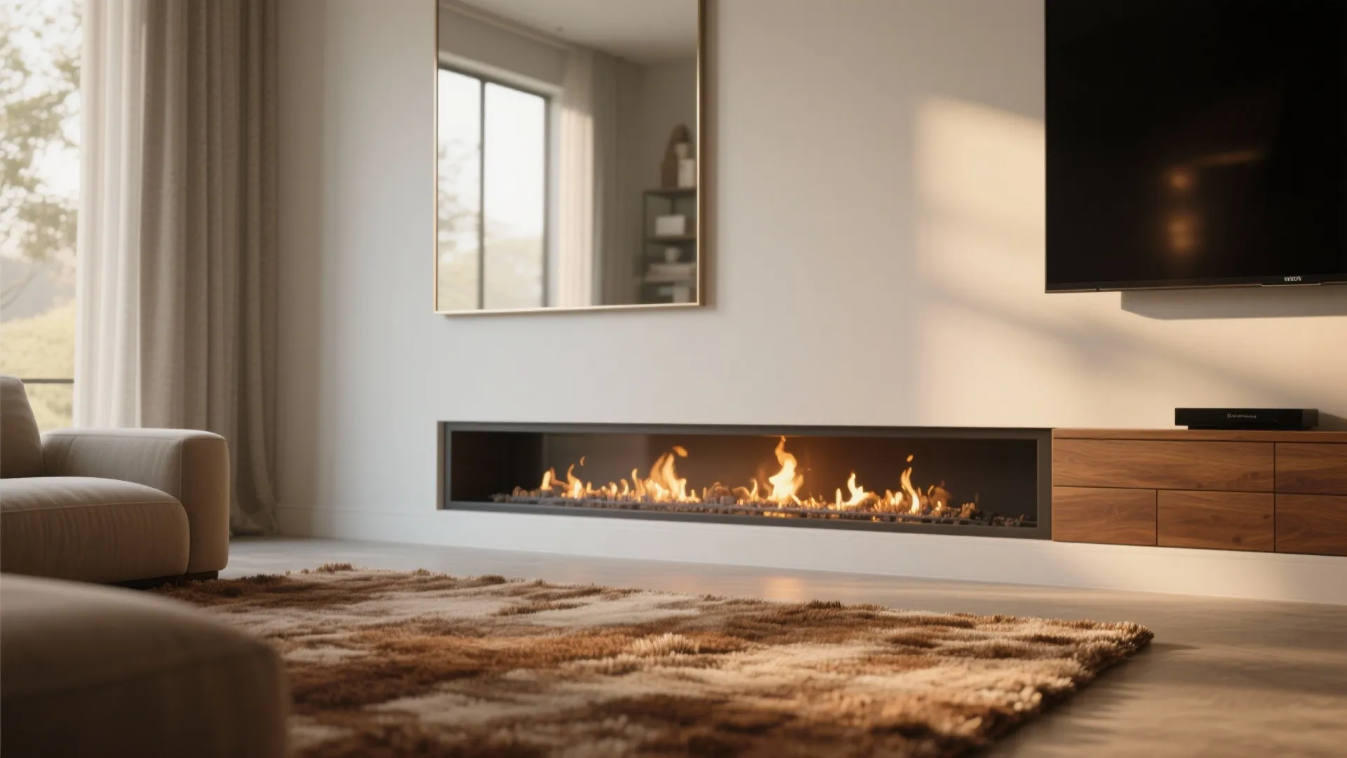 Slim mirror reflecting fireplace light and a warm low-pile rug defining the seating area in a compact living room.