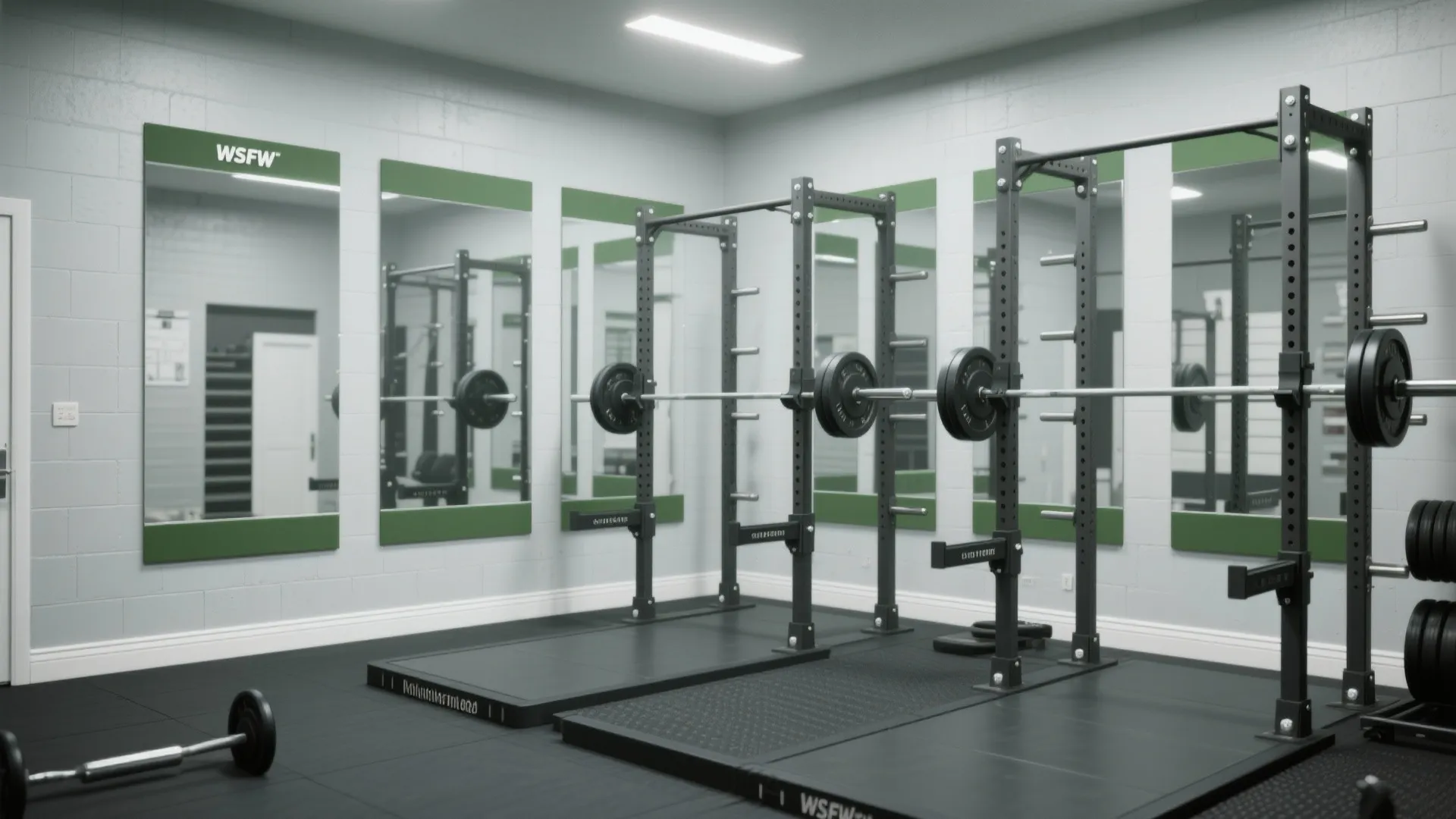 Modern home gym interior design drawing with heavy weight racks large mirrors and grey brick walls