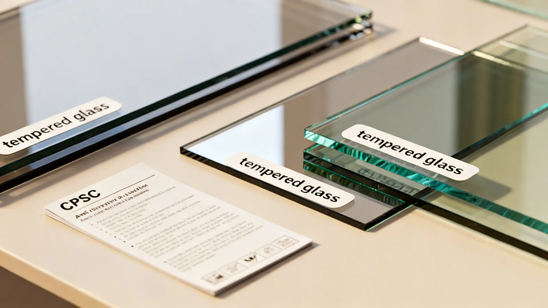 Tempered glass and anti-fingerprint mirror samples alongside a safety guidance document