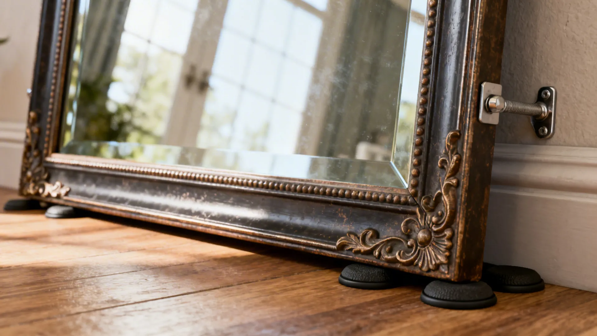 Close-up of anti-tip hardware and mirror cleaning with a lint-free cloth illustrating safety and maintenance.