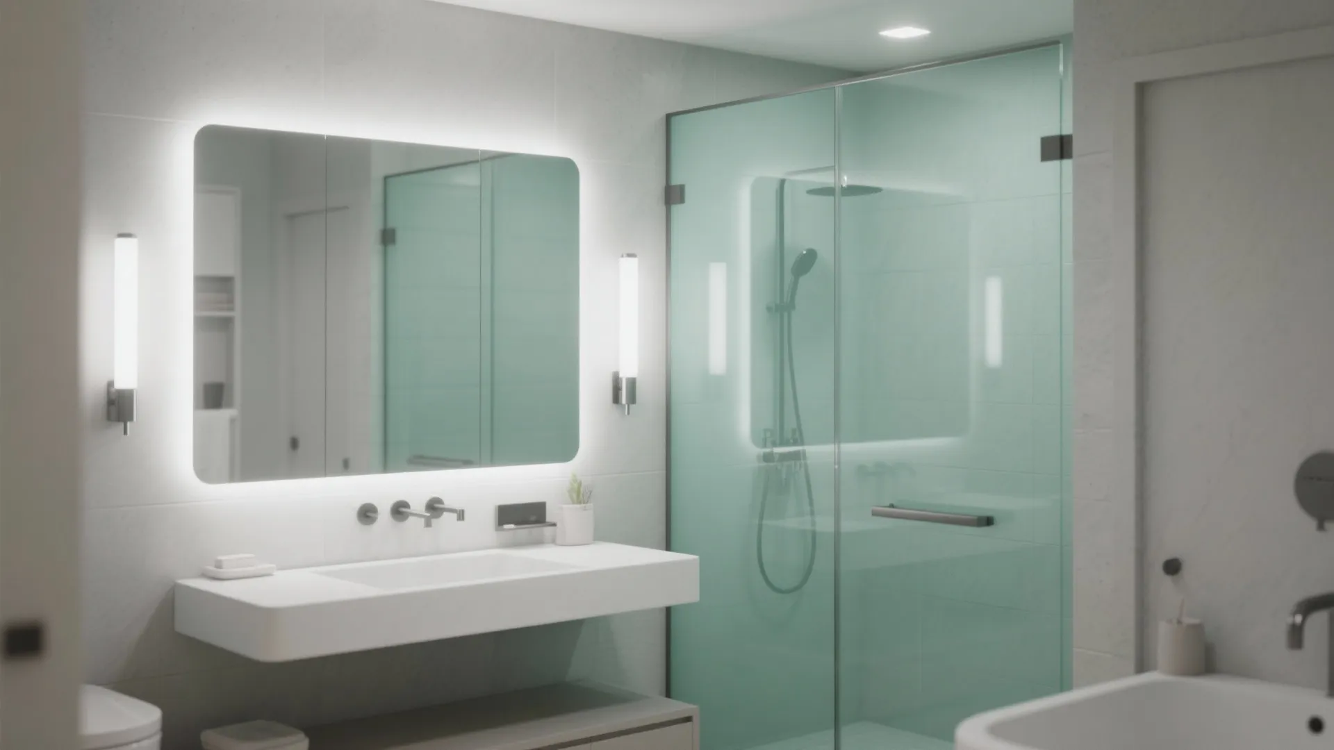 5. Brightening with Mirrors and Sage Glass Shower Screens