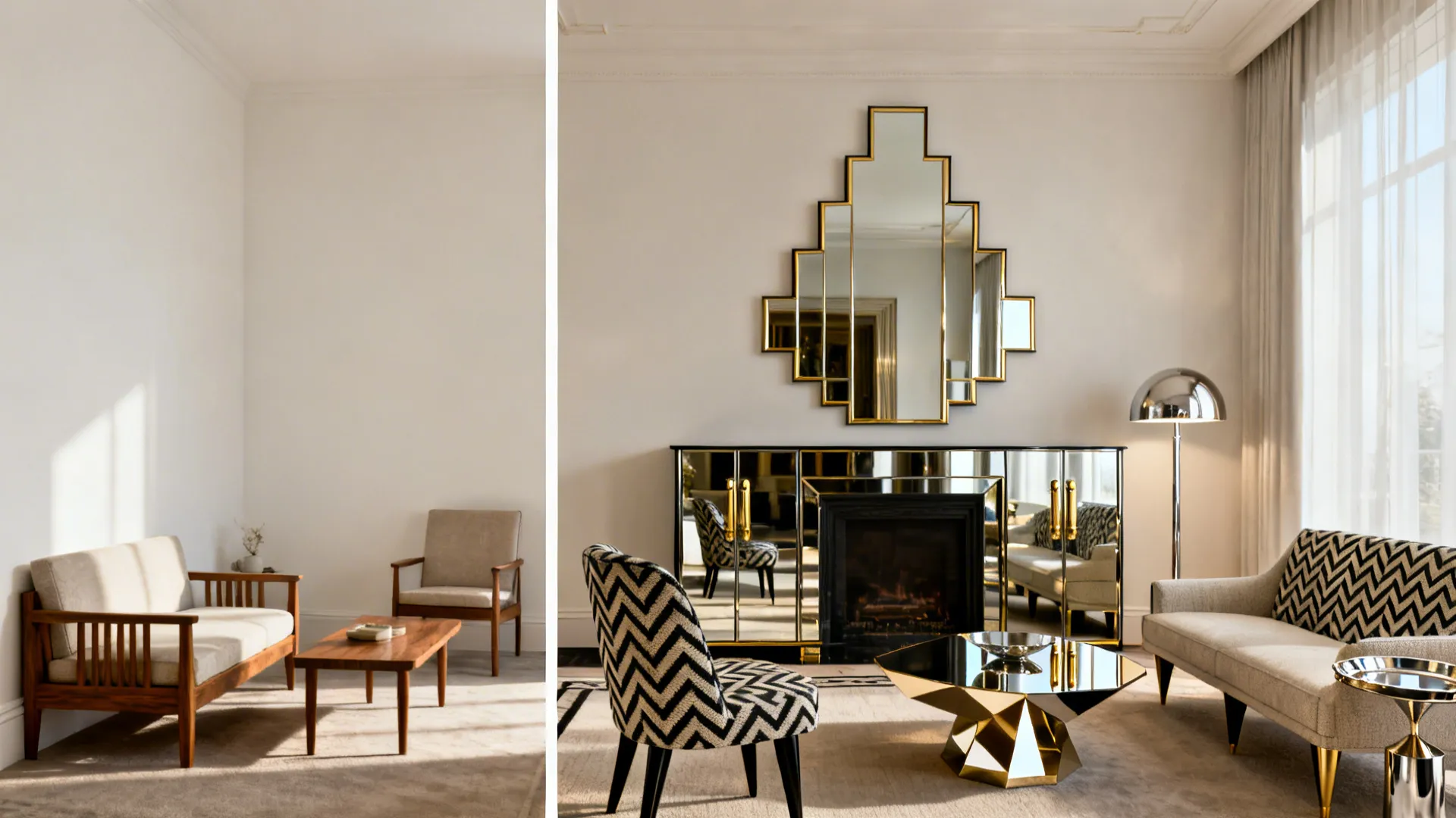 Before-and-after view showing mirrored surfaces and scaled furniture to amplify a small living room.