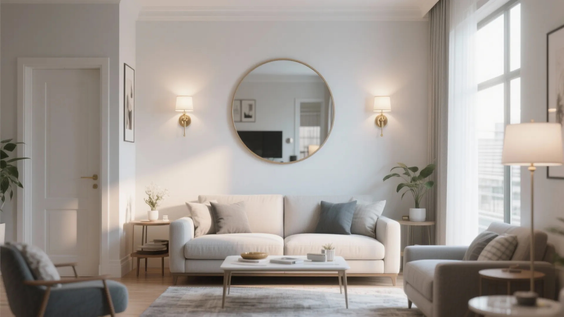 Modern living room featuring a round wall mirror placed between two symmetrical gold wall lights