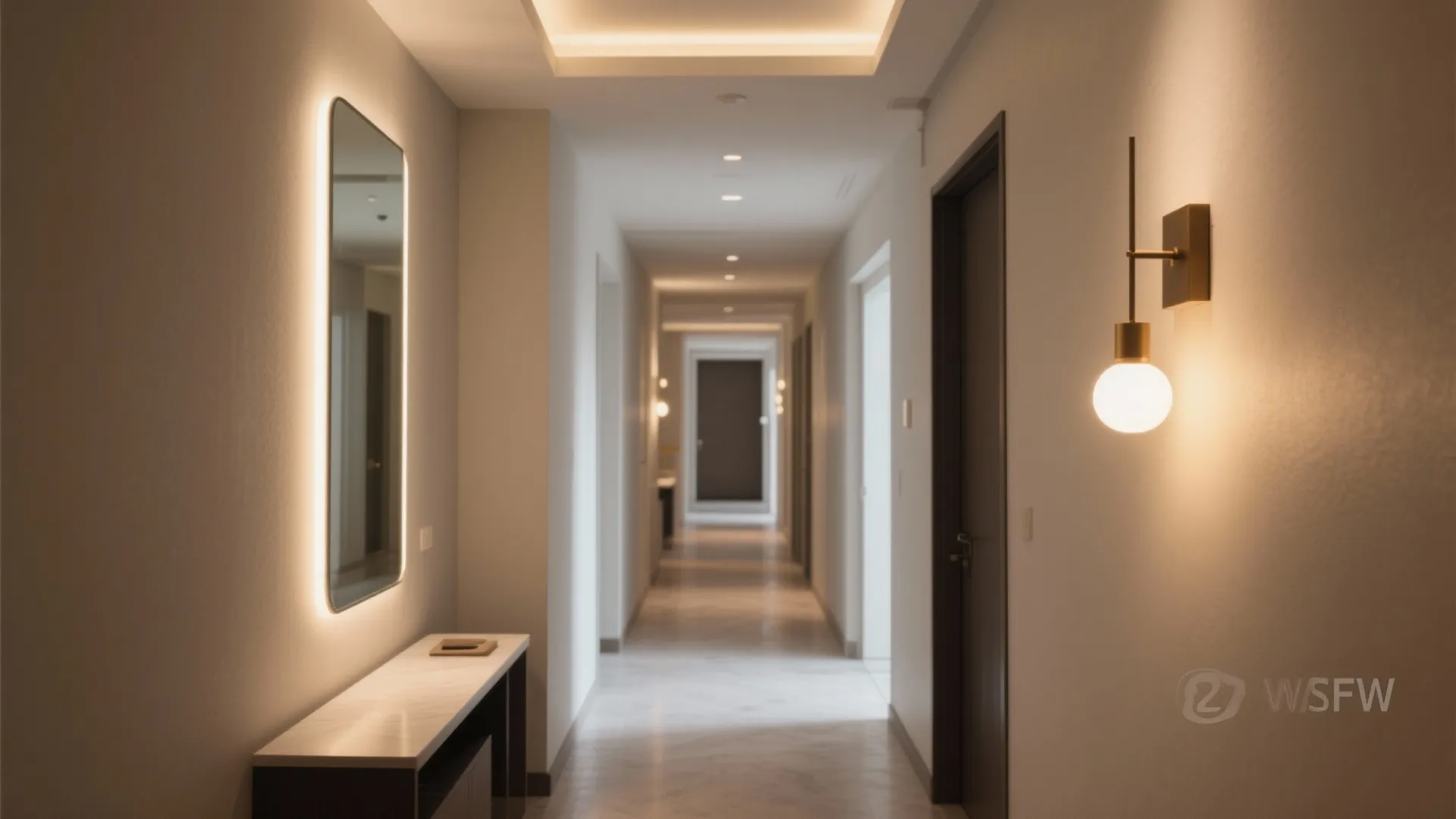 Modern narrow hallway with warm wall light fixture large vertical mirror and marble side table