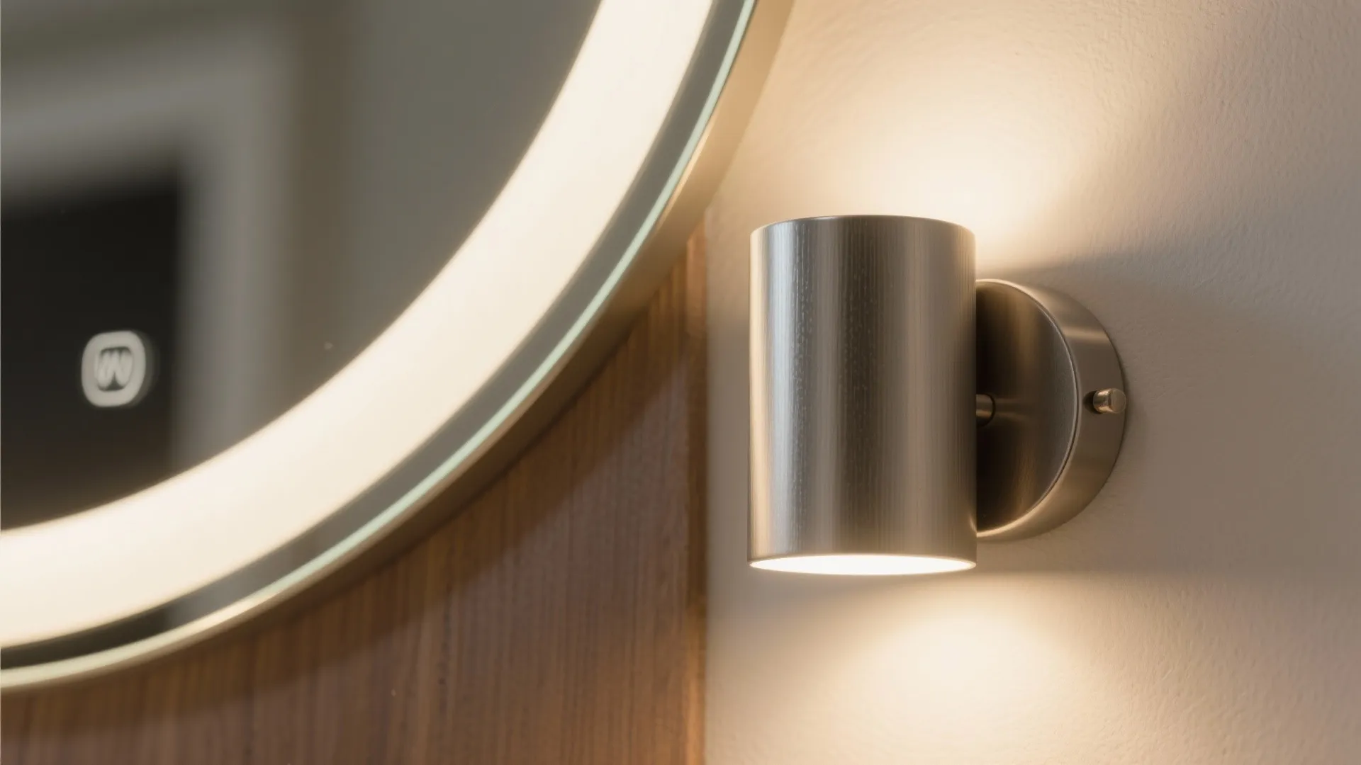 Close-up of backlit mirror edge and brushed metal sconce with warm-neutral glow and high CRI lighting.
