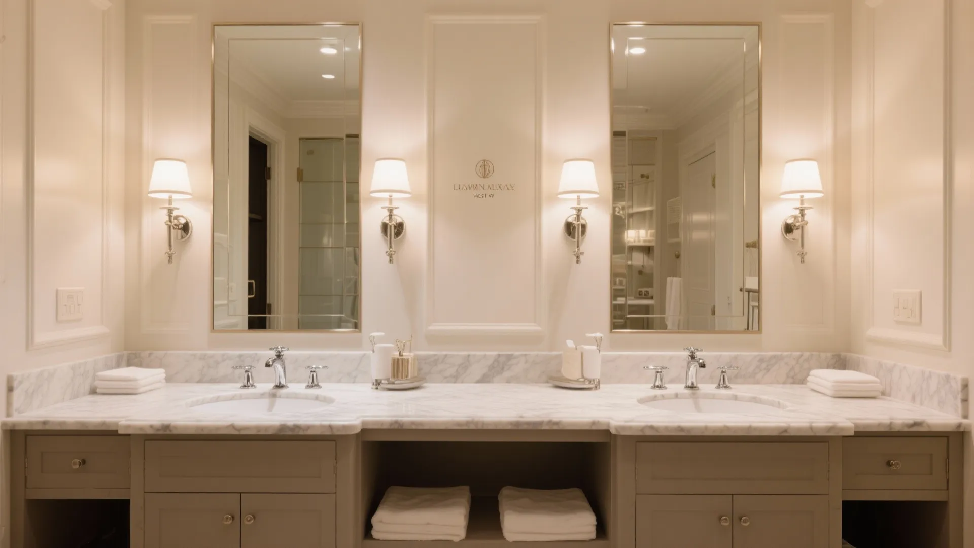 Classic bathroom design with marble countertop and two mirrors flanked by four elegant wall lights