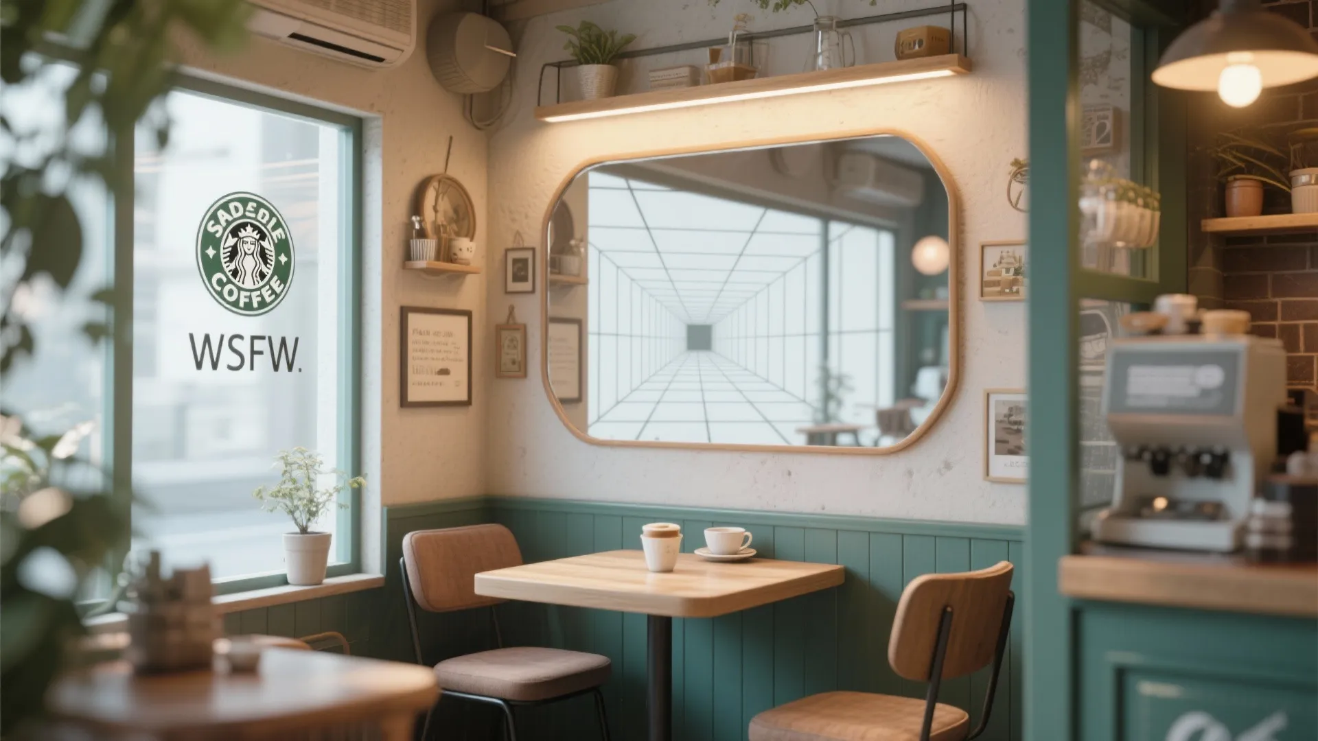 Mirror wall expanding the visual space of a selfie corner