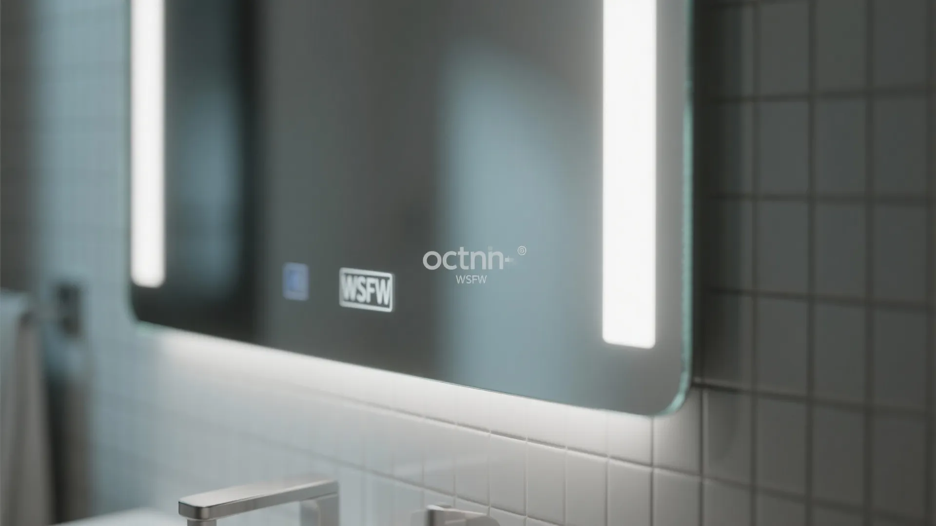 Modern bathroom mirror with built in lights and touch screen control on white tile wall