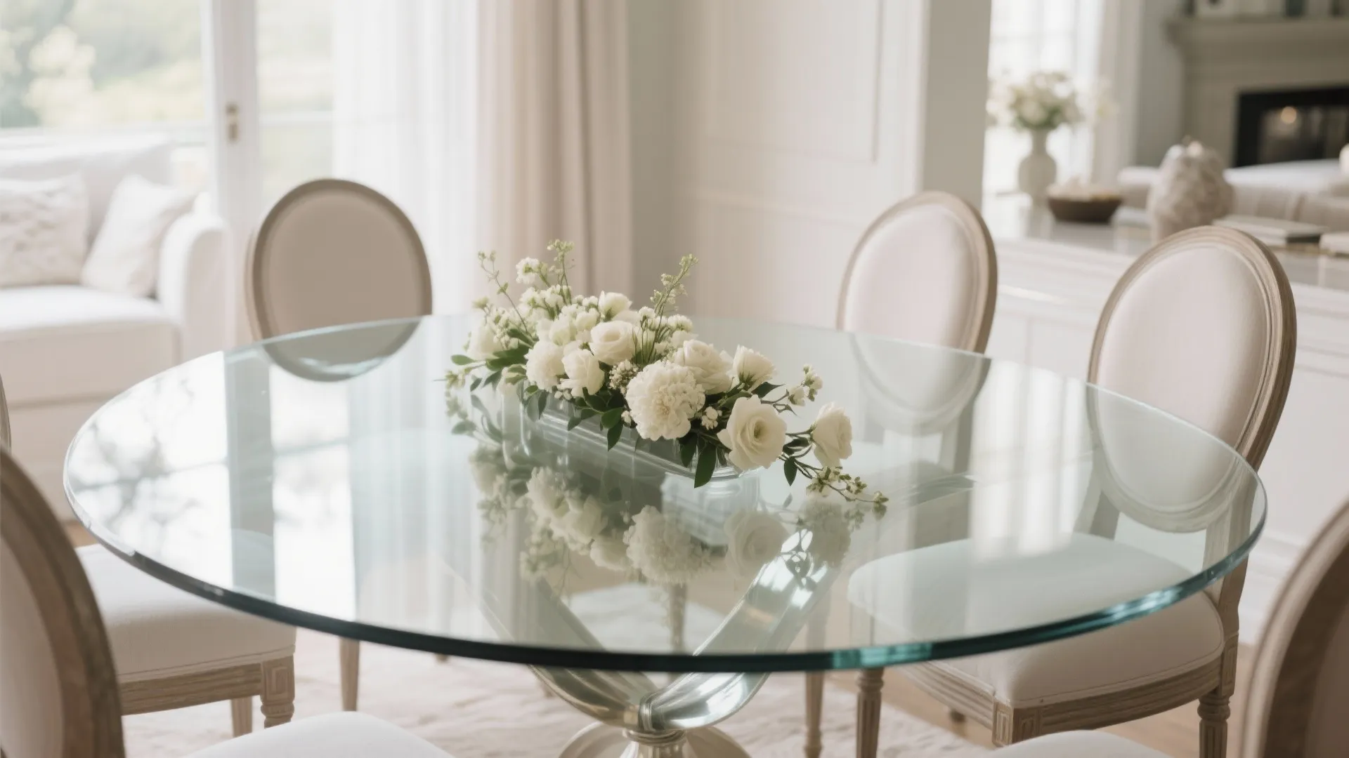 Round glass dining table with white flower arrangement and four elegant cream chairs in room