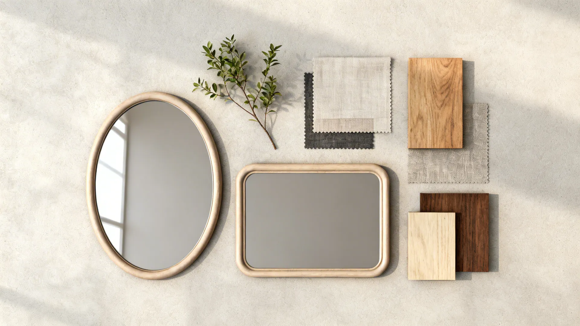 Flatlay of mirror shapes and frame samples with plant sprig and fabric swatches for energy flow choices.