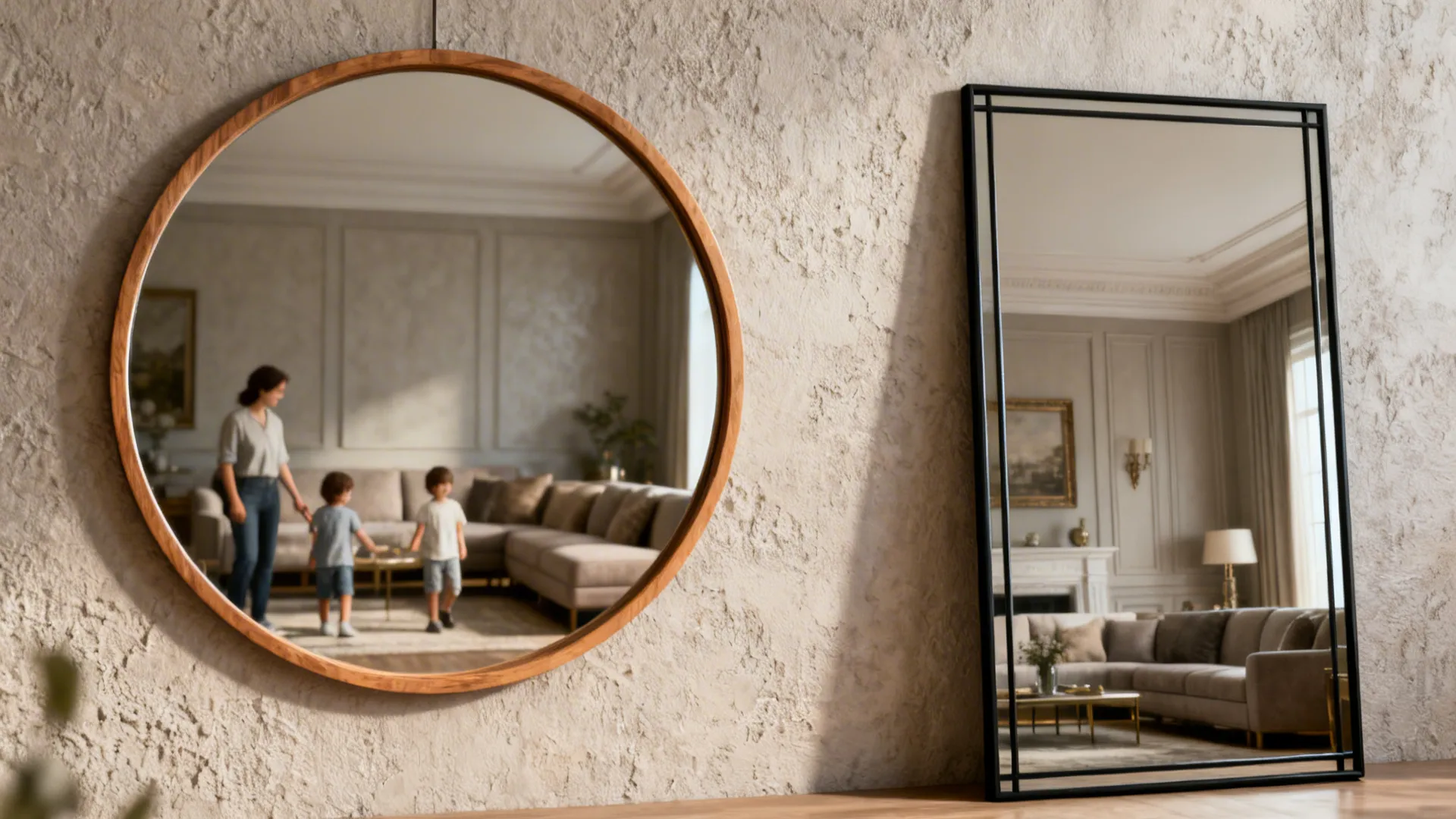 Round wood mirror and tall black rectangle mirror hanging on textured wall in bright living room