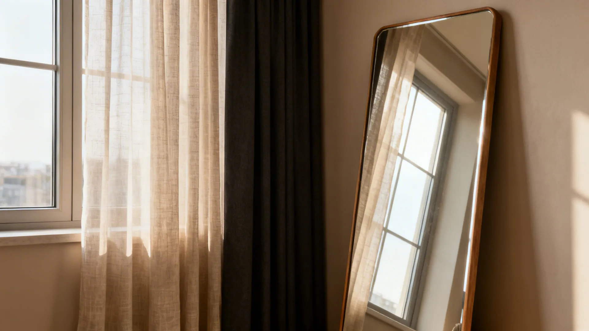 Tall mirror beside a large window with sheer linen curtains and a blackout layer.