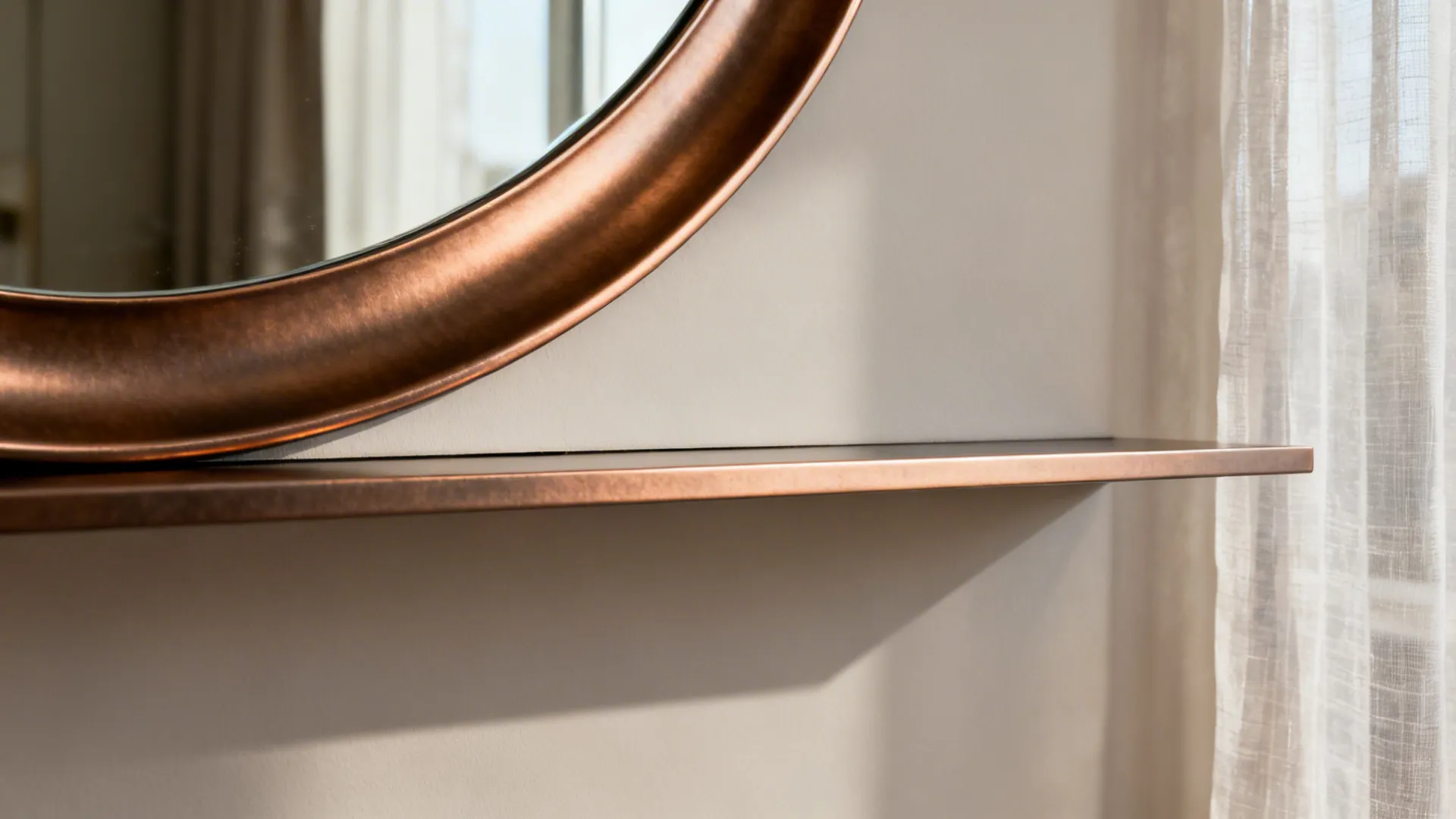Close up of a round bronze mirror frame above a matching metal shelf with white curtain